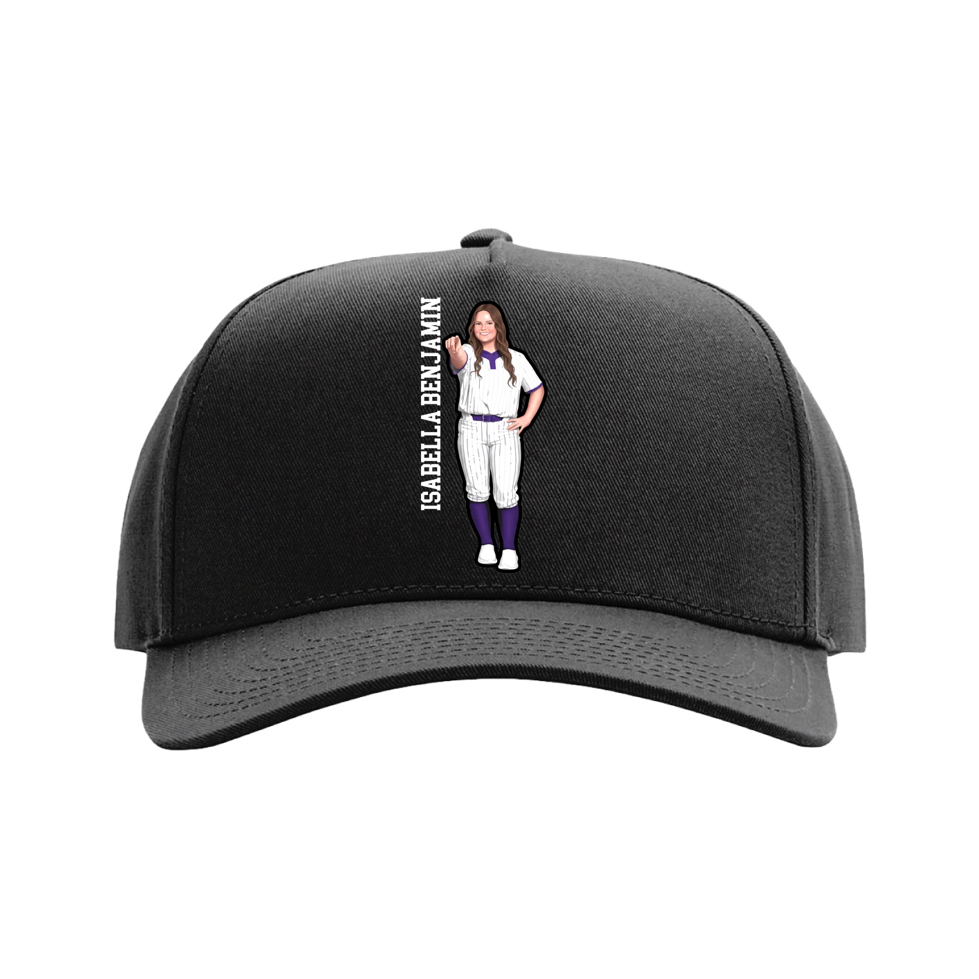 Full Fabric Five-Panel Champ Cap — Name Vertical in Black