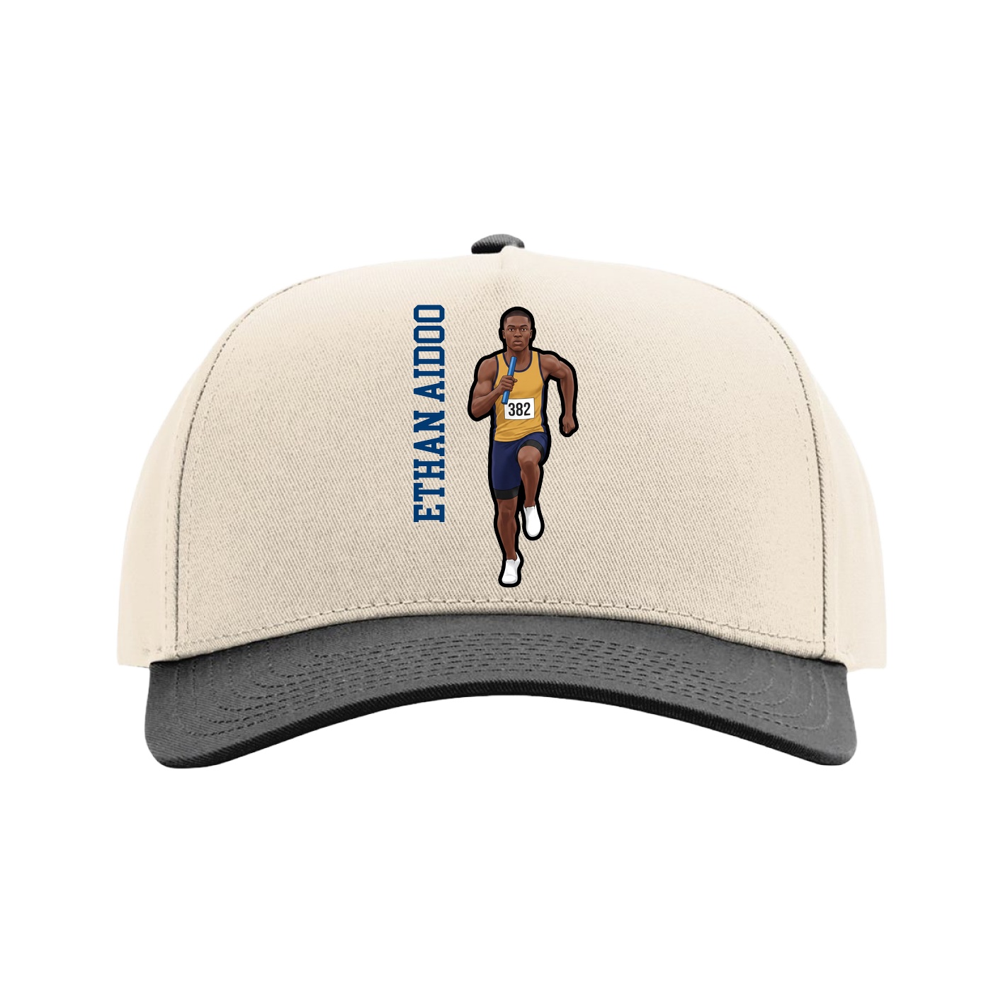 Full Fabric Five-Panel Champ Cap — Name Vertical in Cream/Black