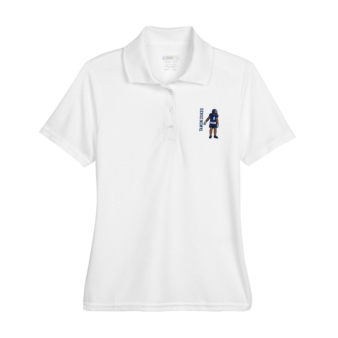 Womens Performance Polo — Name Vertical in White