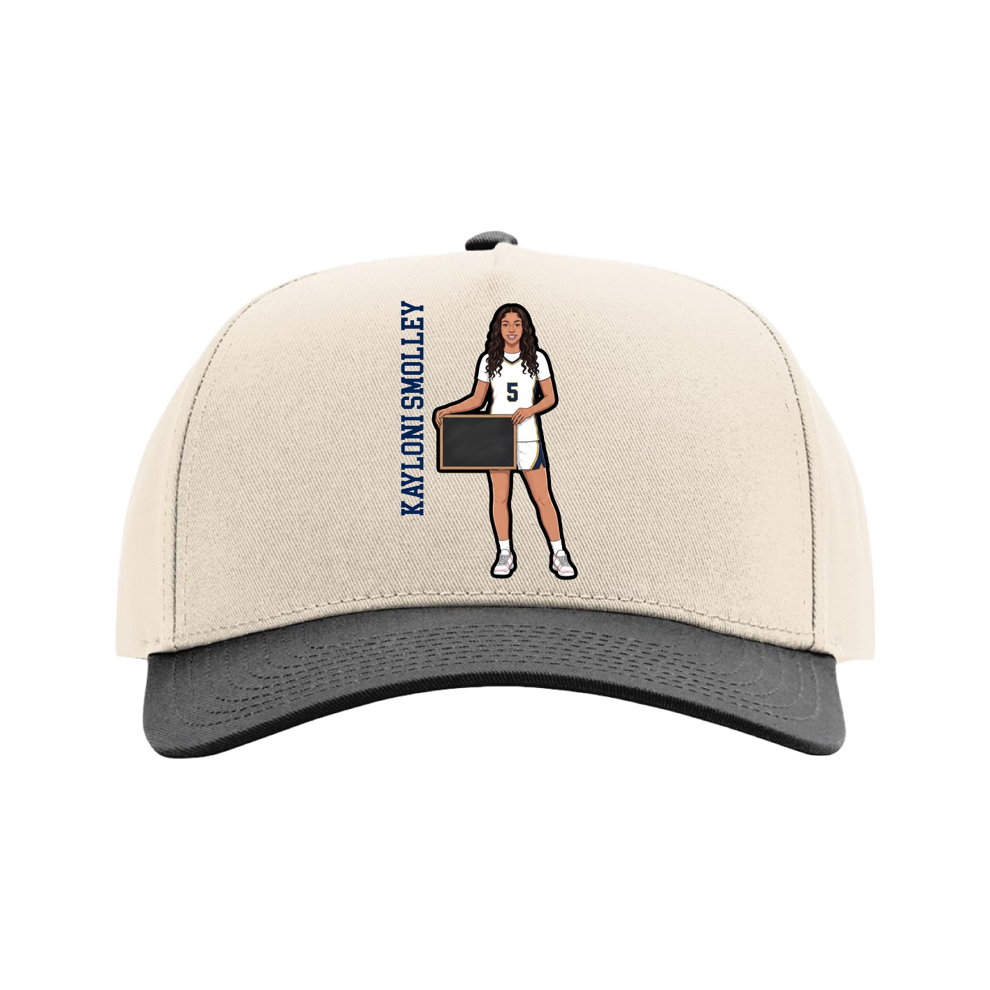 Full Fabric Five-Panel Champ Cap — Name Vertical in Cream/Black