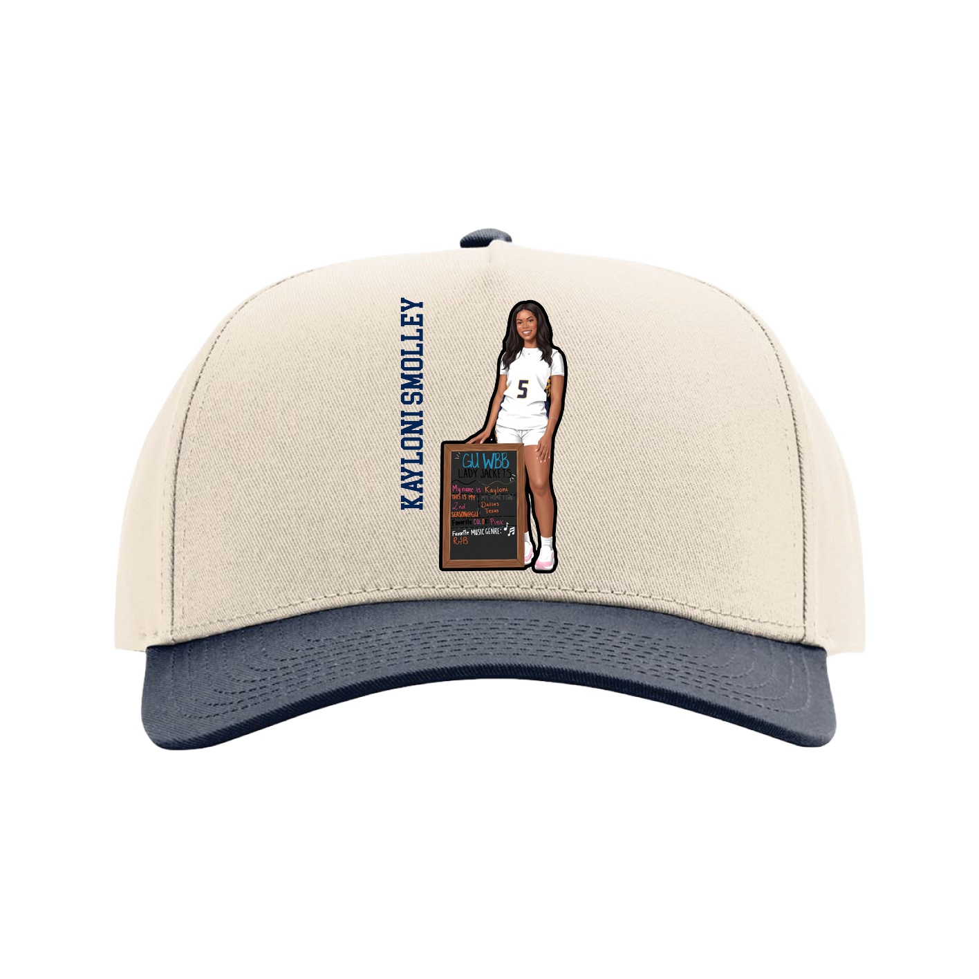Full Fabric Five-Panel Champ Cap — Name Vertical in Cream/Navy