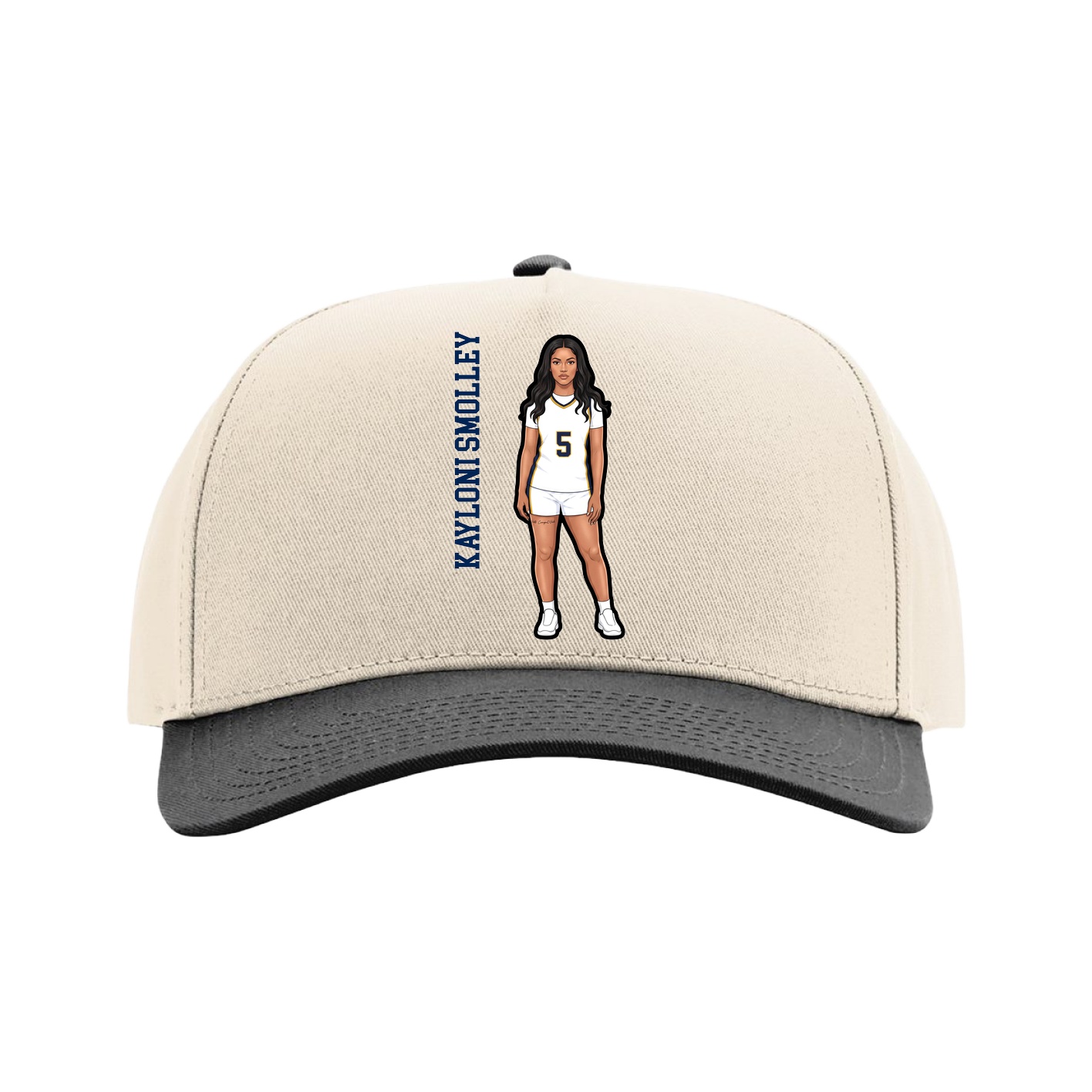 Full Fabric Five-Panel Champ Cap — Name Vertical in Cream/Black