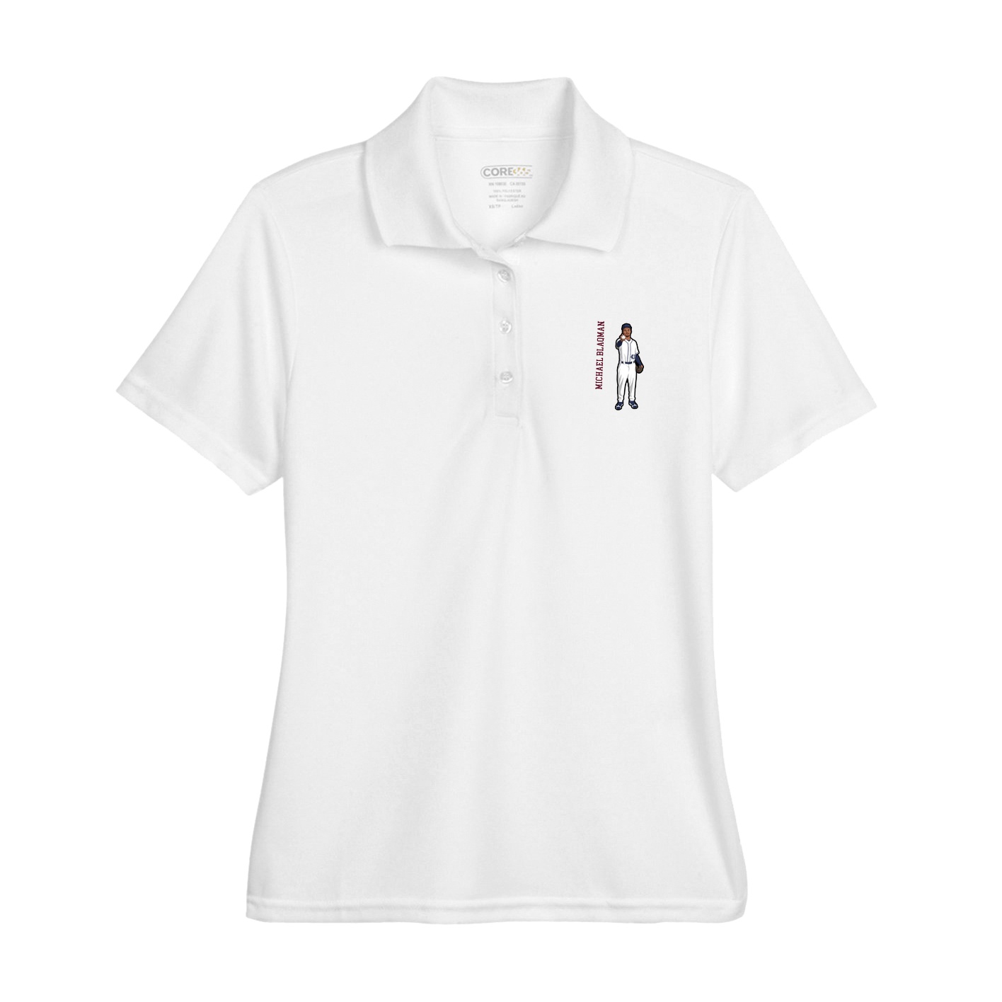 Womens Performance Polo — Name Vertical in White