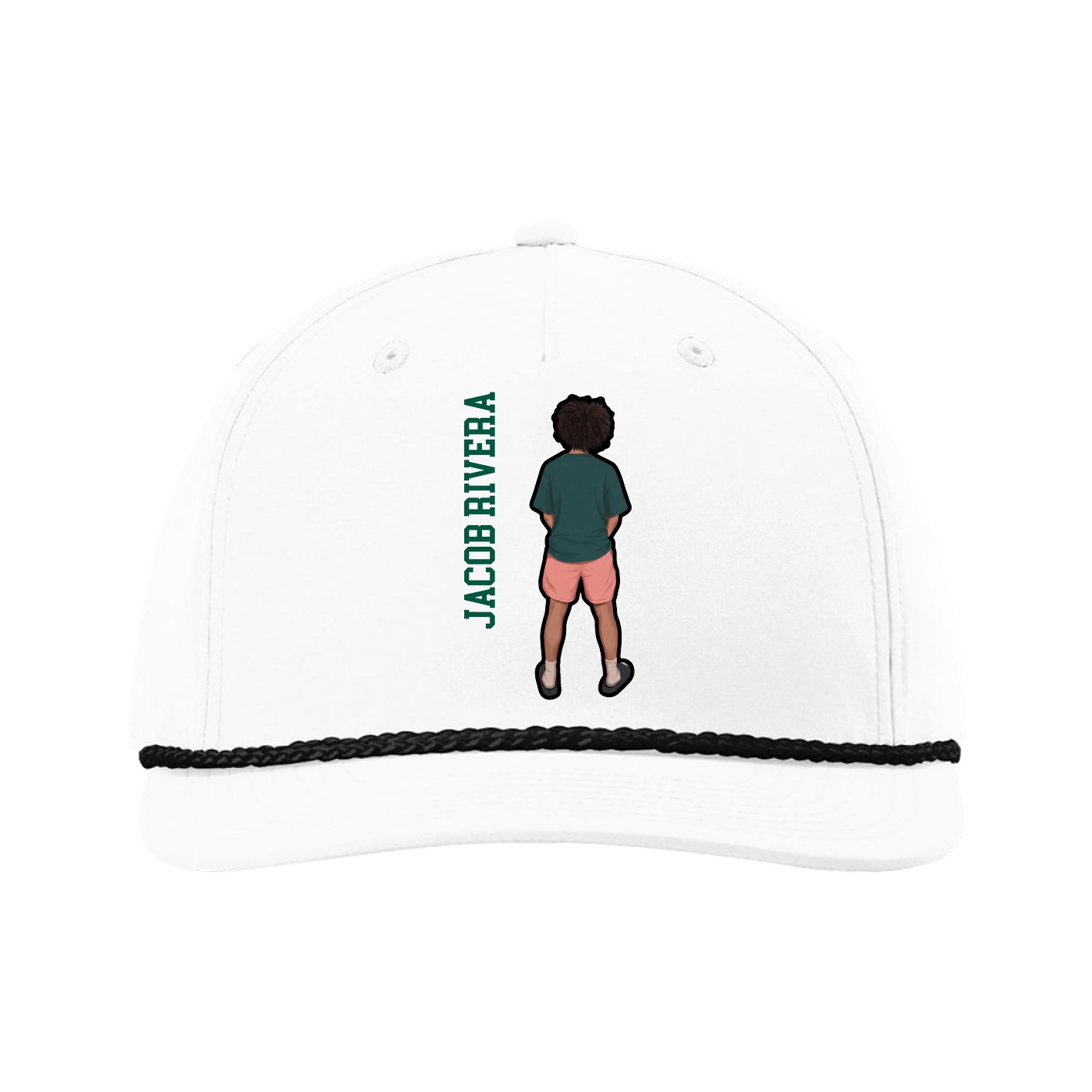 Five-Panel Classic Rope Cap — Name Vertical in White