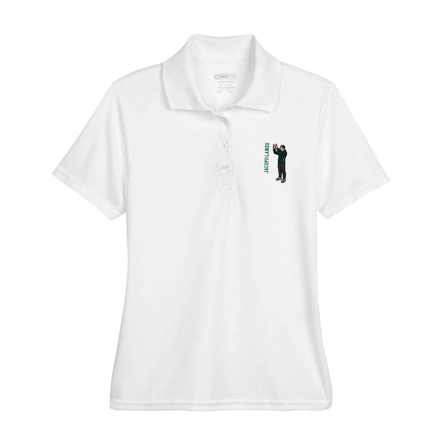 Womens Performance Polo — Name Vertical in White