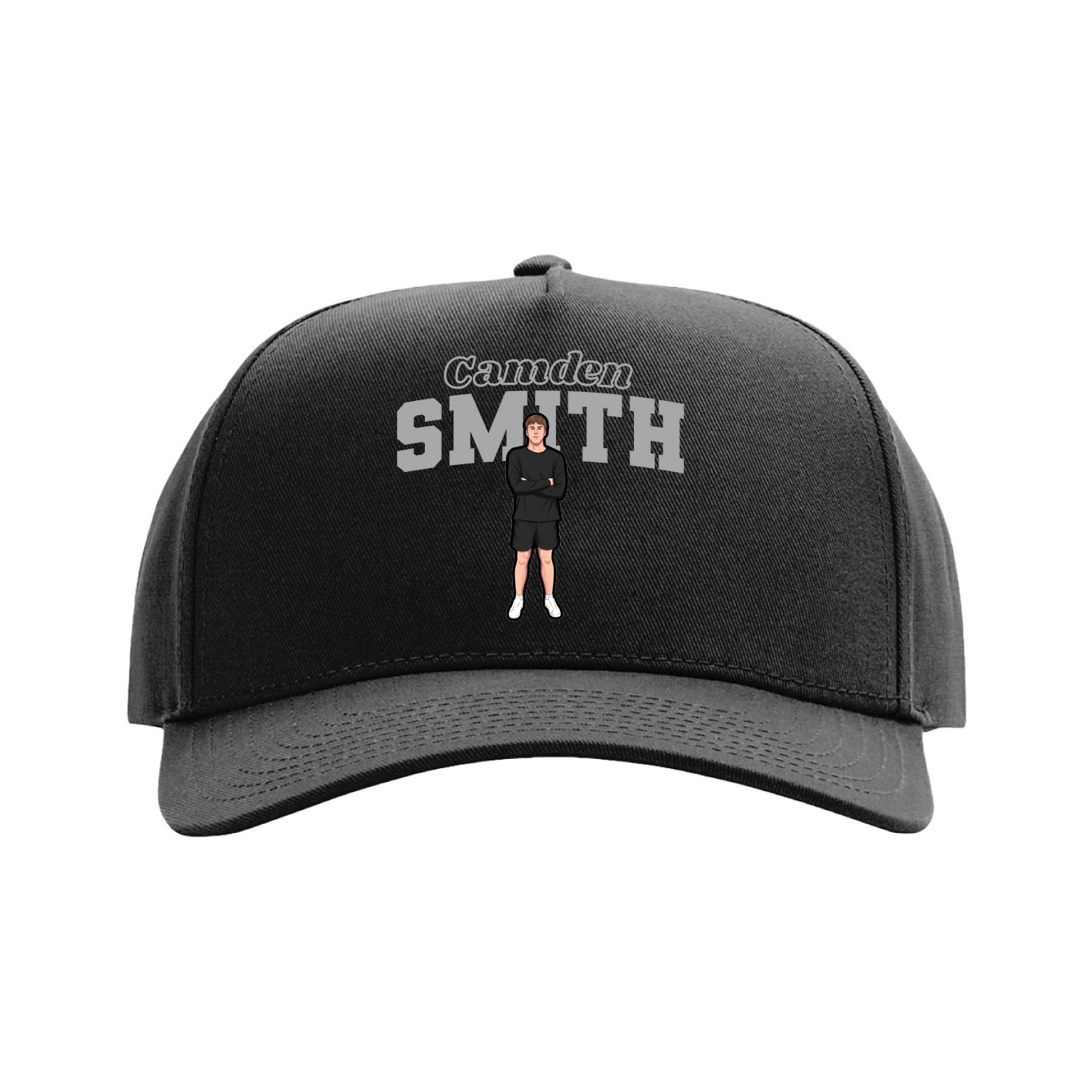 Full Fabric Five-Panel Champ Cap — Name Arch in Black