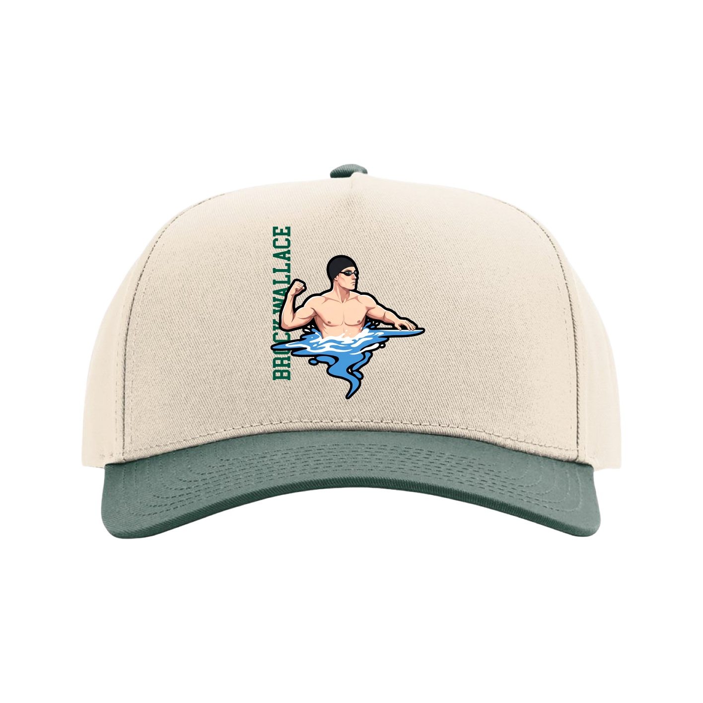 Full Fabric Five-Panel Champ Cap — Name Vertical in Cream/Green