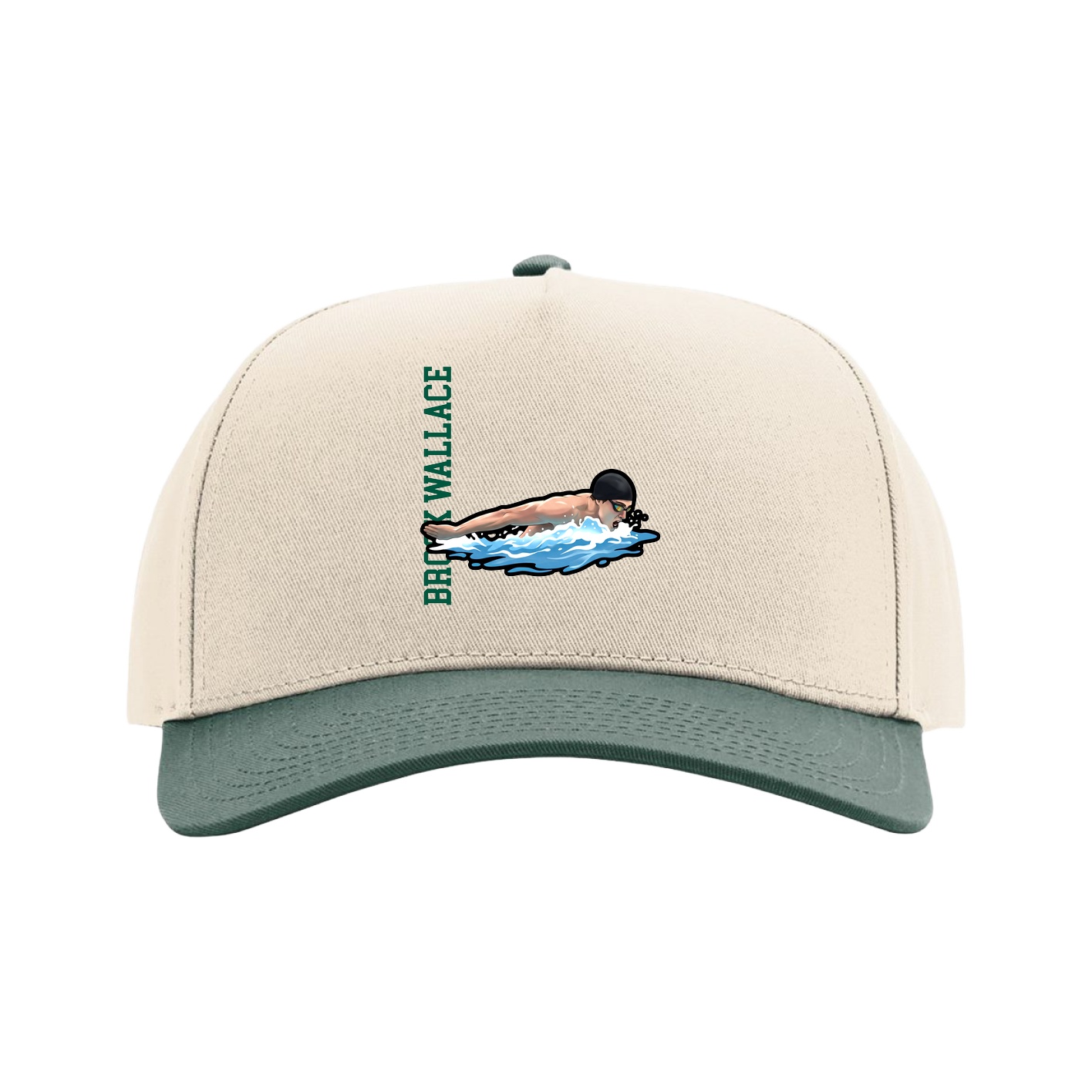 Full Fabric Five-Panel Champ Cap — Name Vertical in Cream/Green