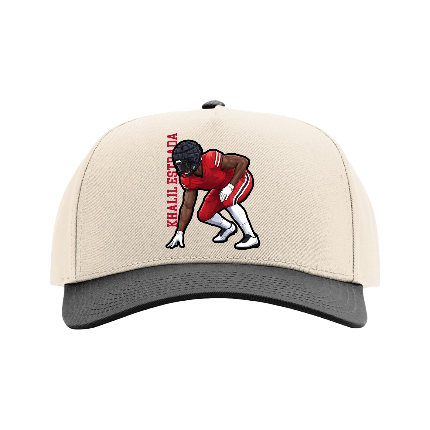 Full Fabric Five-Panel Champ Cap — Name Vertical in Cream/Black