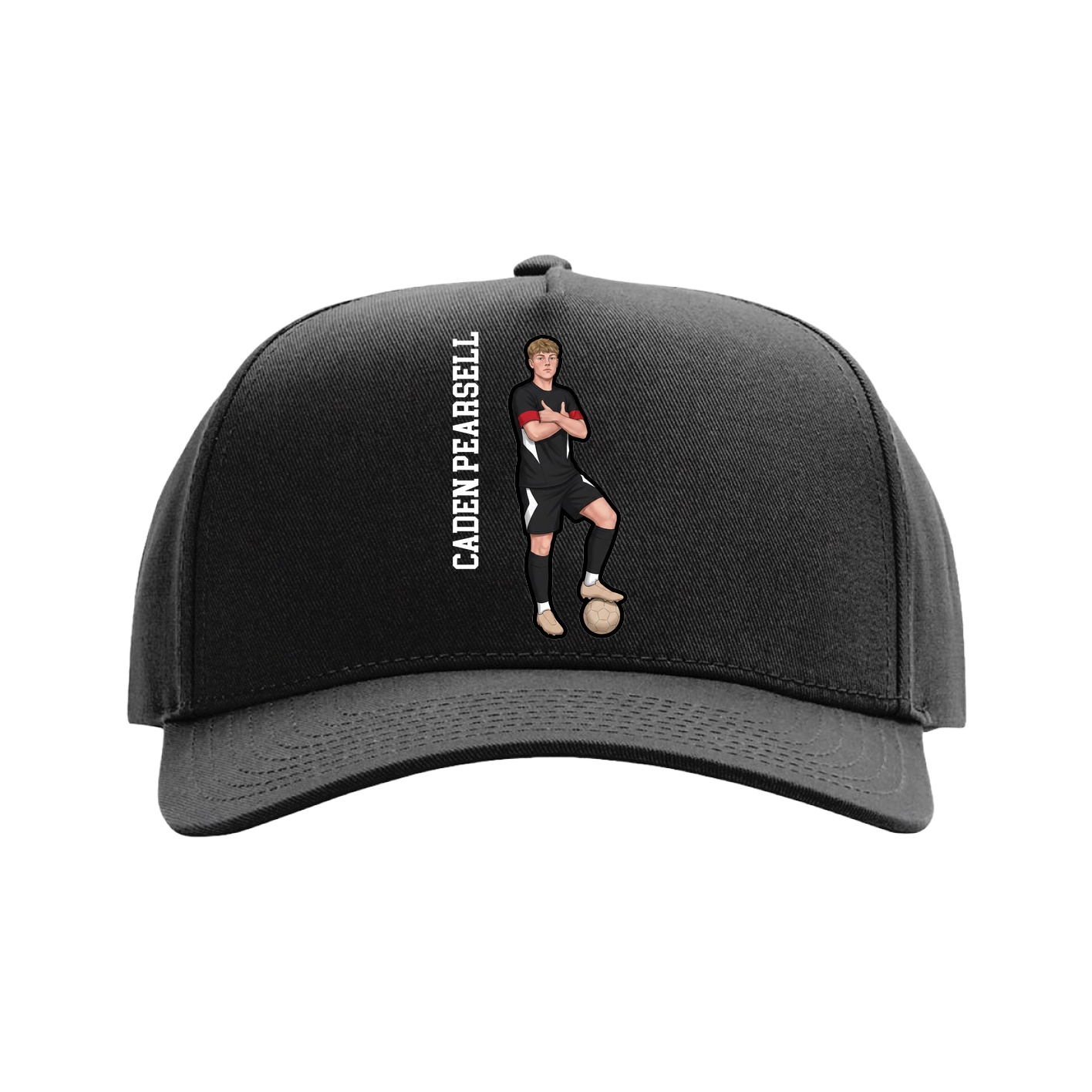Full Fabric Five-Panel Champ Cap — Name Vertical in Black