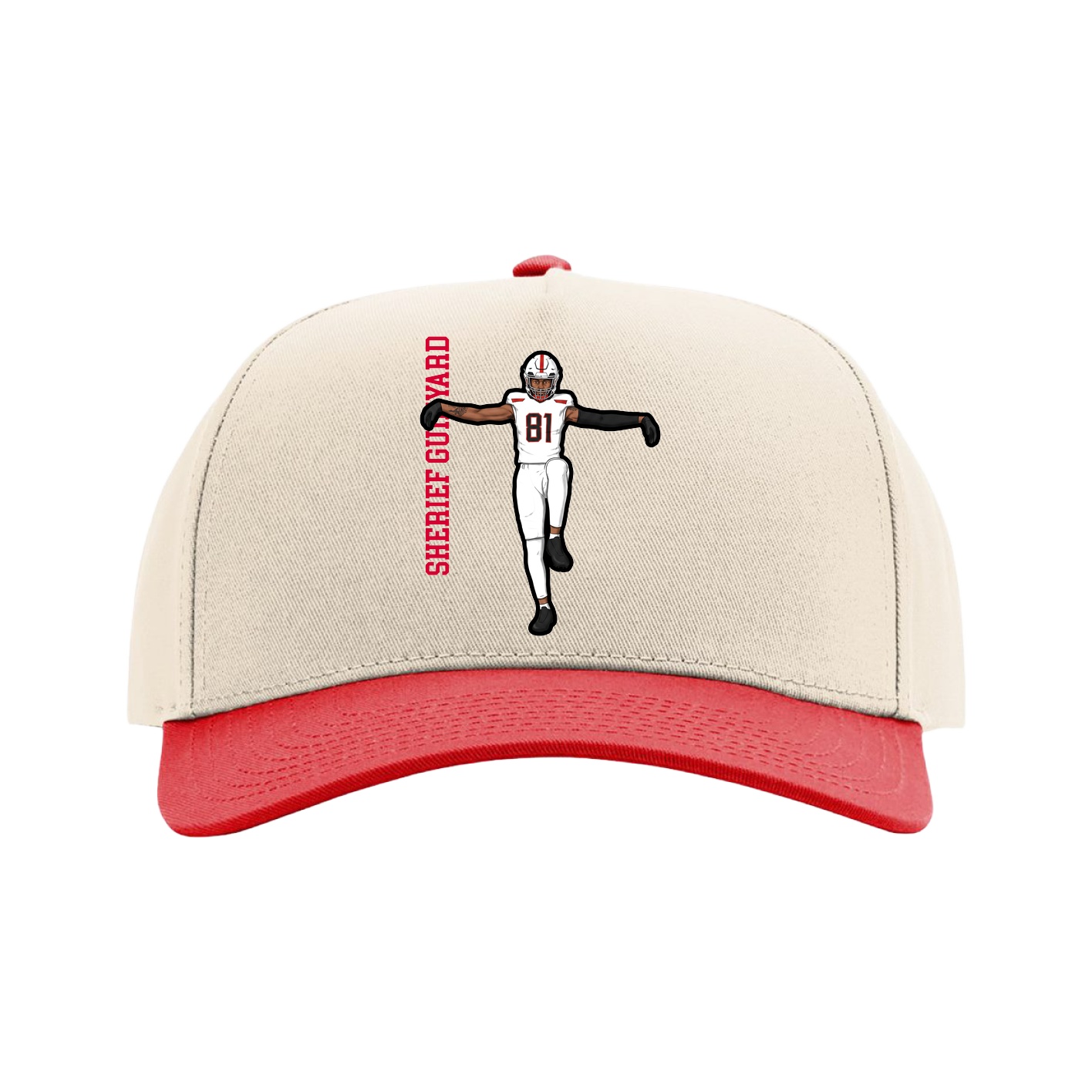 Full Fabric Five-Panel Champ Cap — Name Vertical in Cream/Red