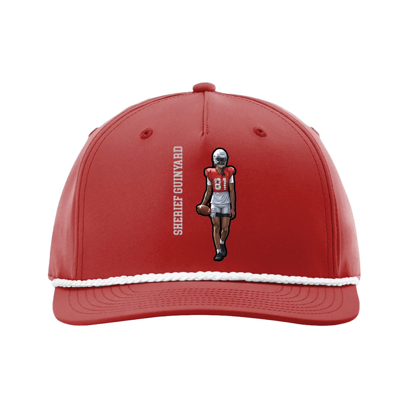 Five-Panel Classic Rope Cap — Name Vertical in Red