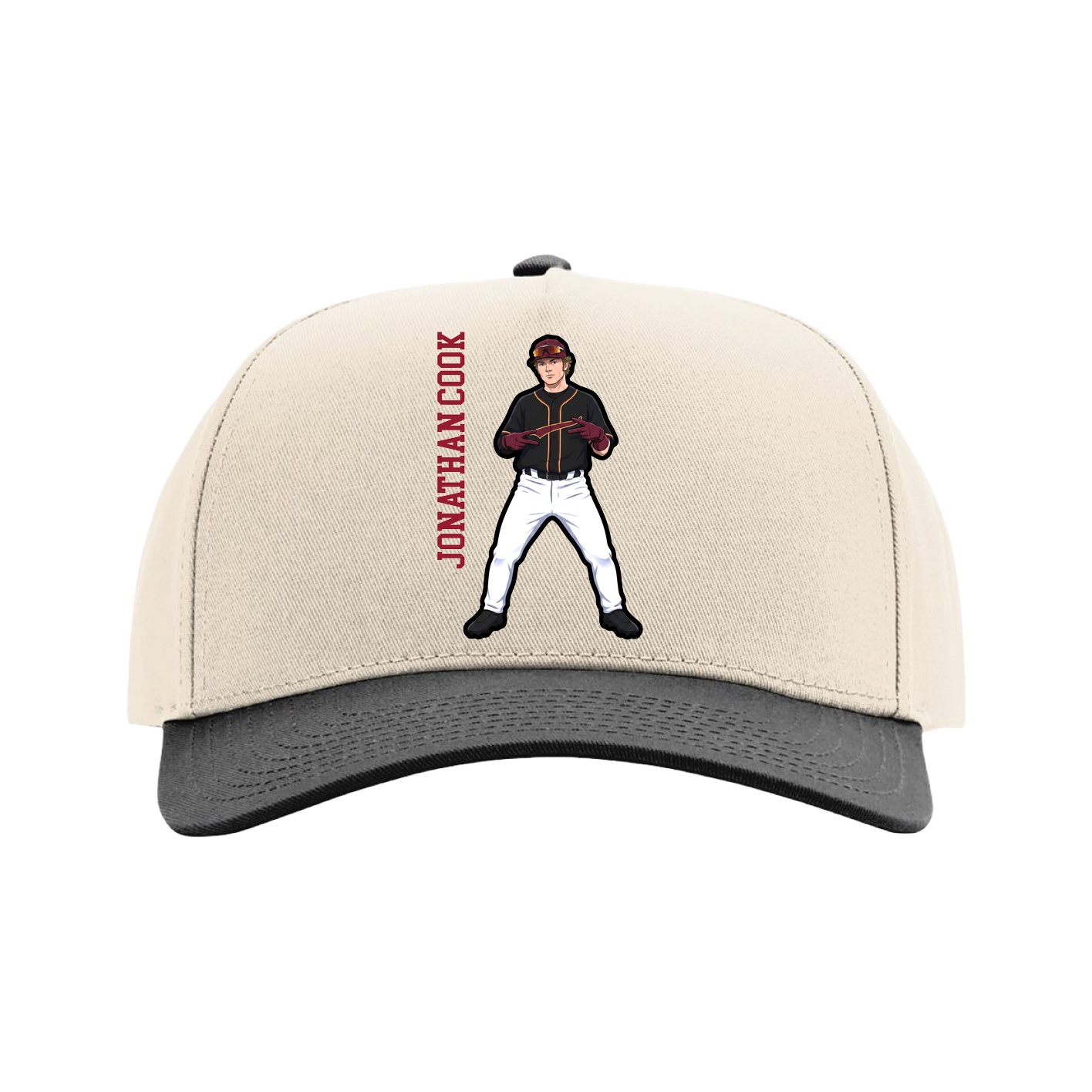 Full Fabric Five-Panel Champ Cap — Name Vertical in Cream/Black