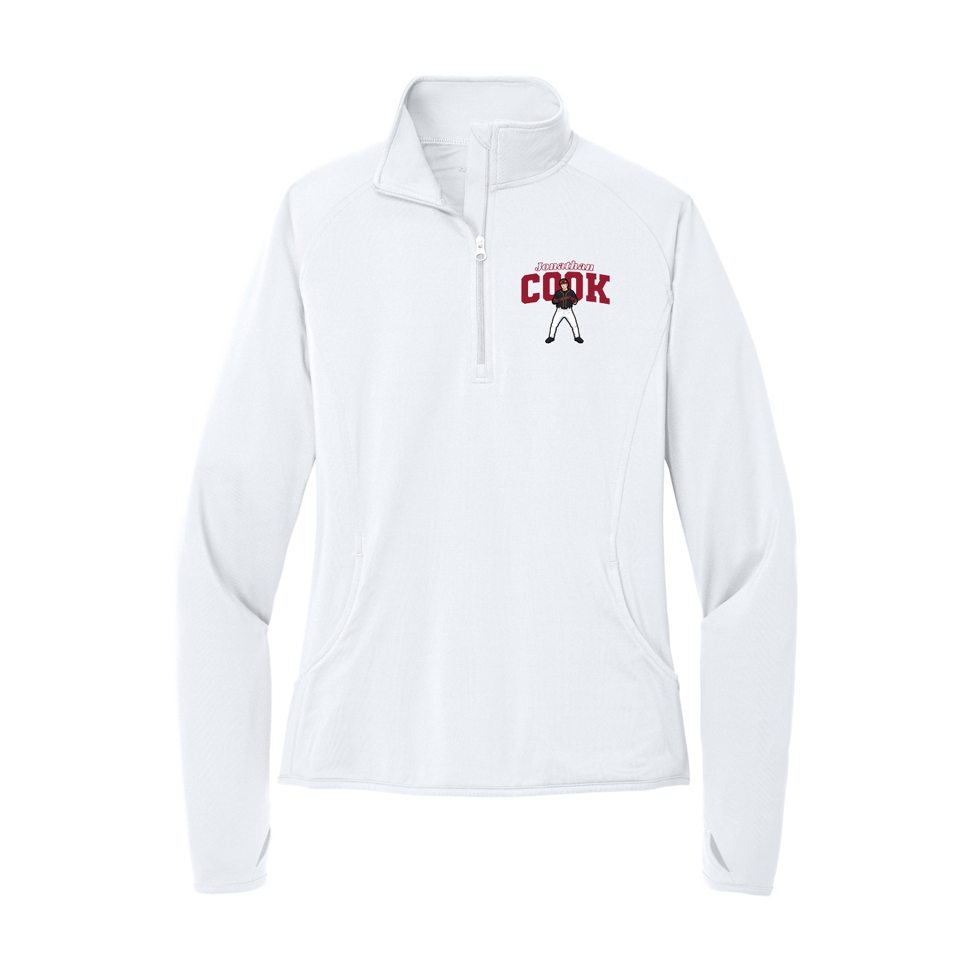 Women's Q-Zip Pullover — Name Arch in White