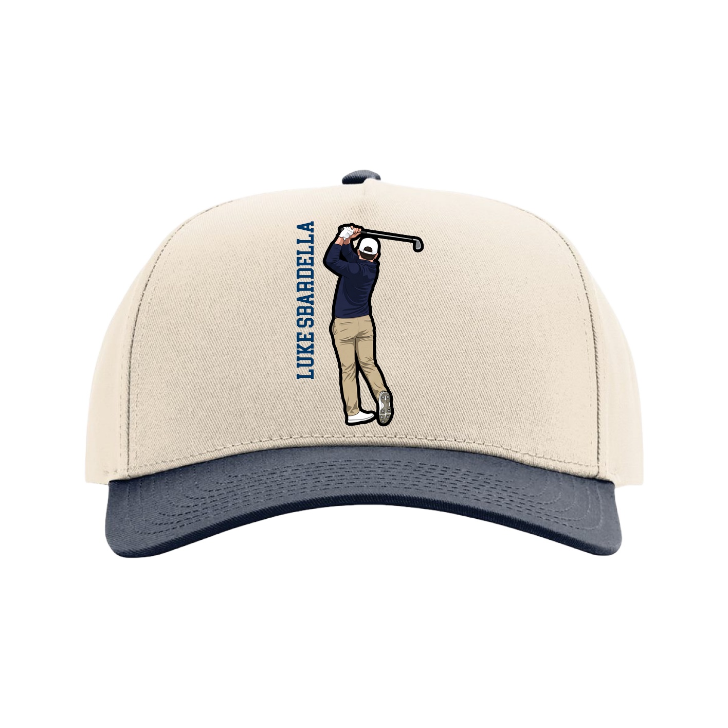 Full Fabric Five-Panel Champ Cap — Name Vertical in Cream/Navy