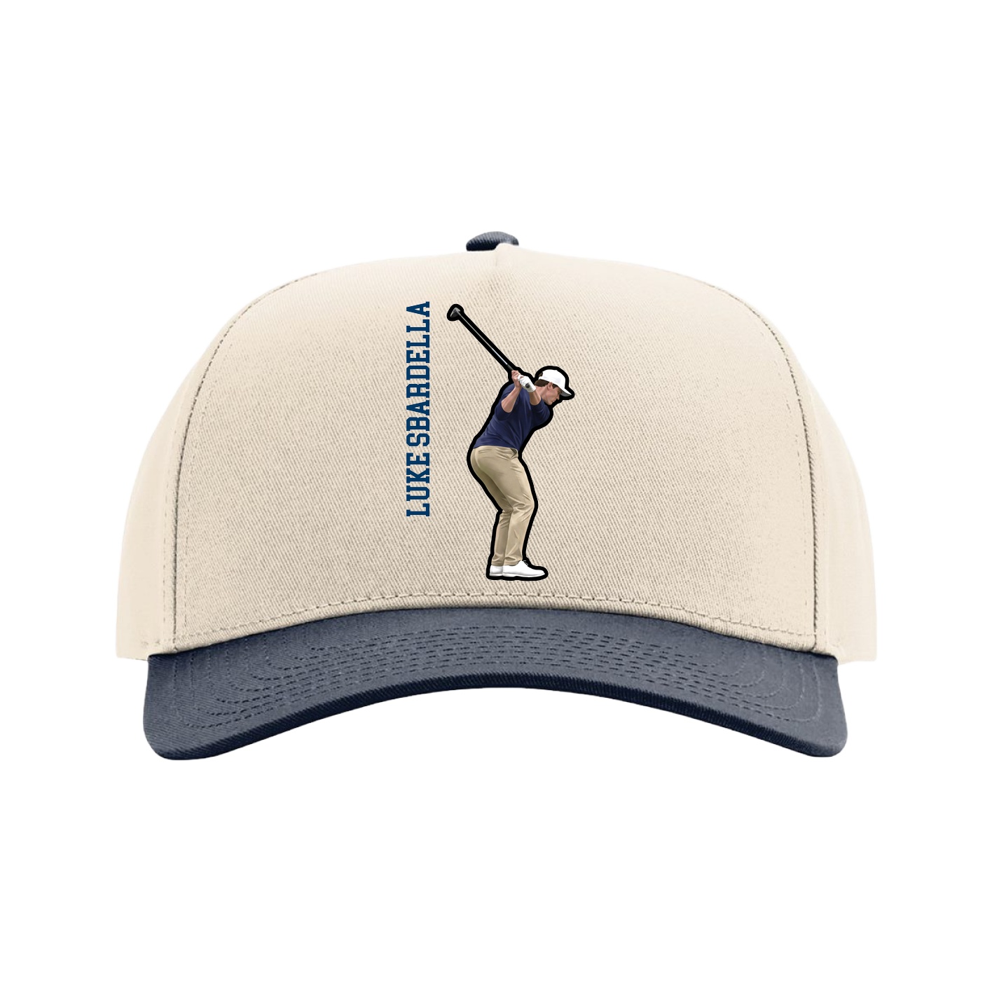 Full Fabric Five-Panel Champ Cap — Name Vertical in Cream/Navy