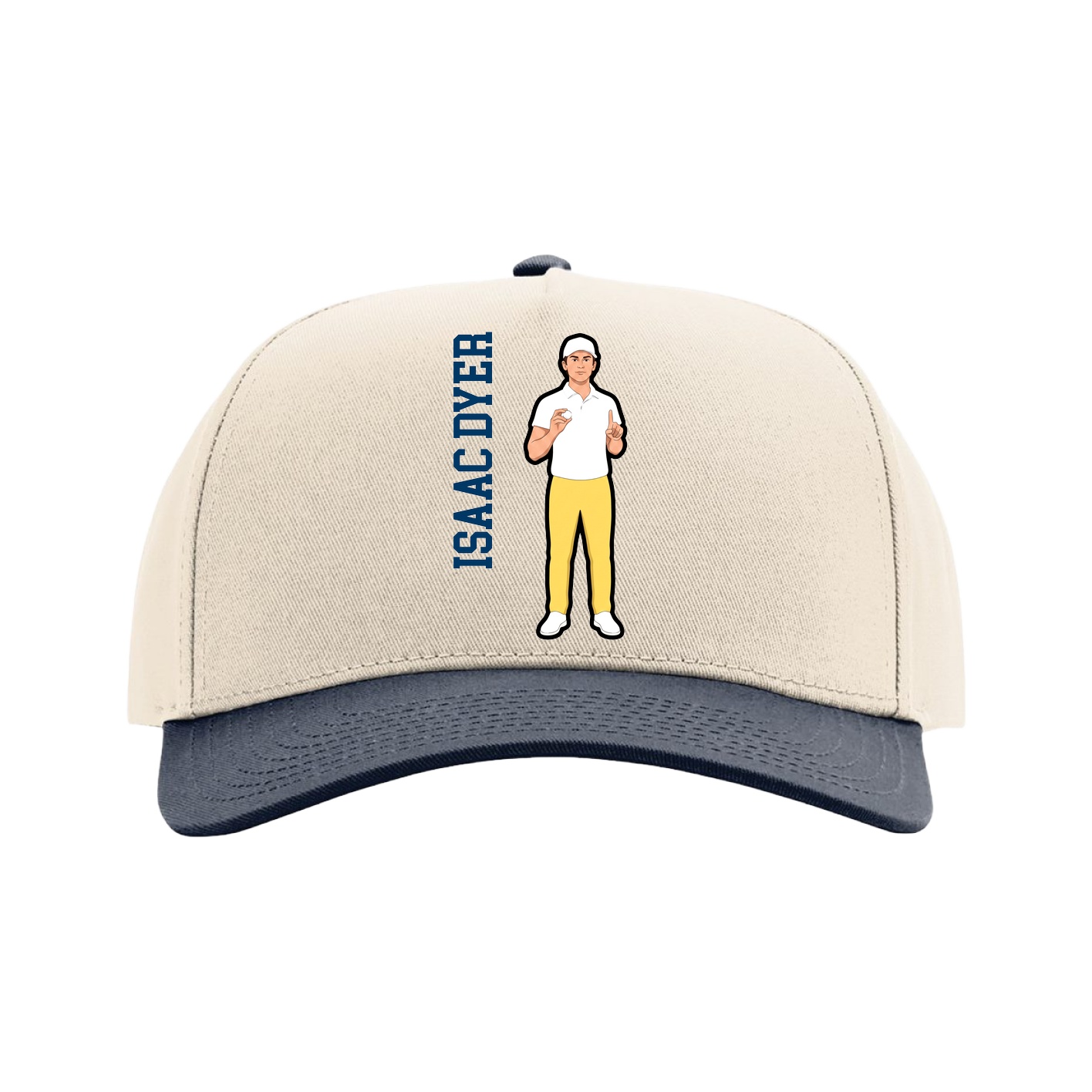 Full Fabric Five-Panel Champ Cap — Name Vertical in Cream/Navy
