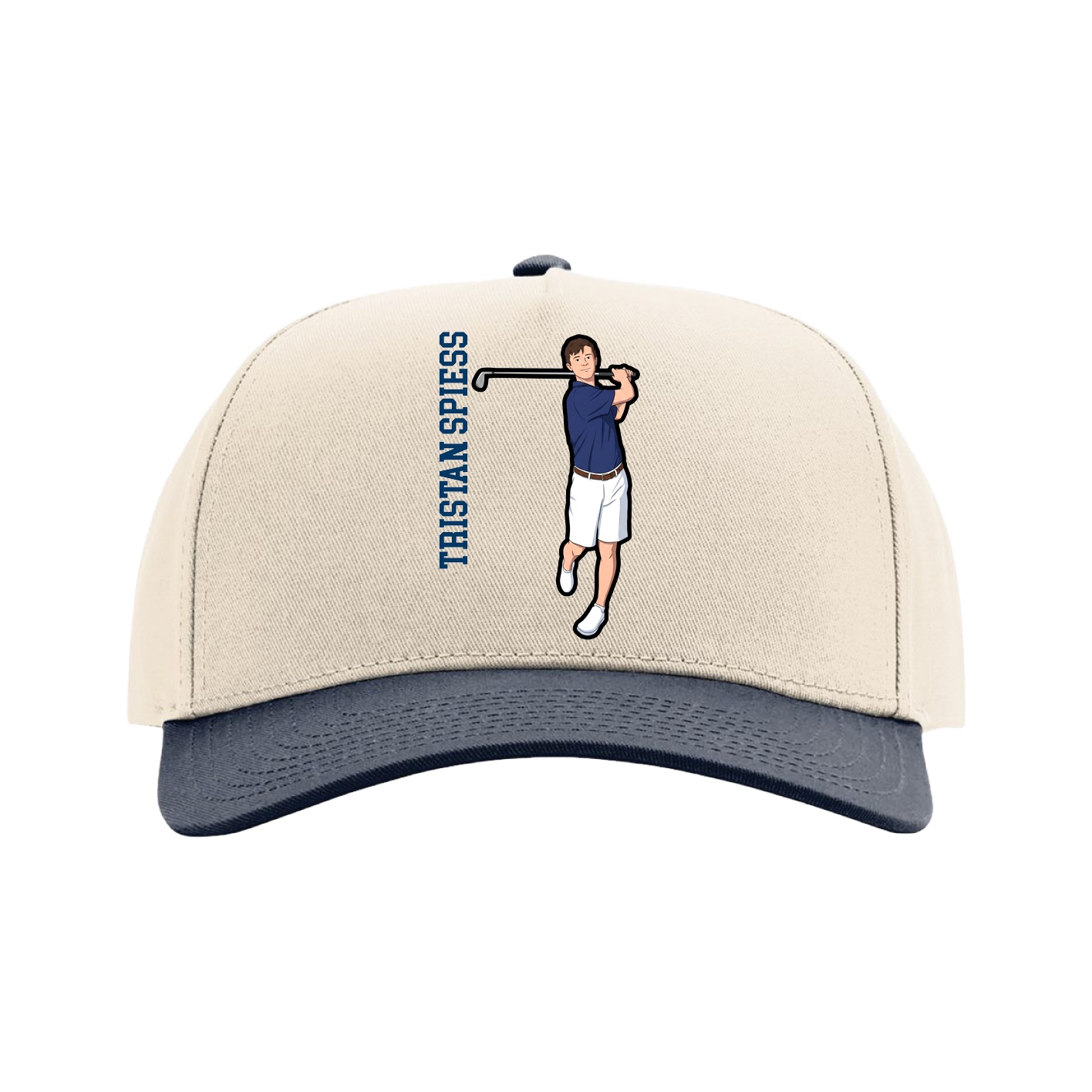 Full Fabric Five-Panel Champ Cap — Name Vertical in Cream/Navy