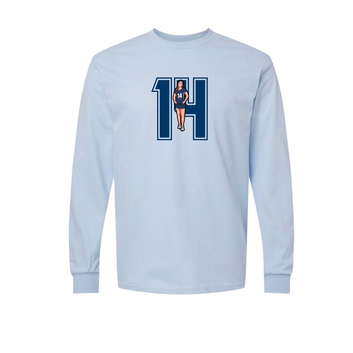 Long Sleeve Tee — Number in Light Blue