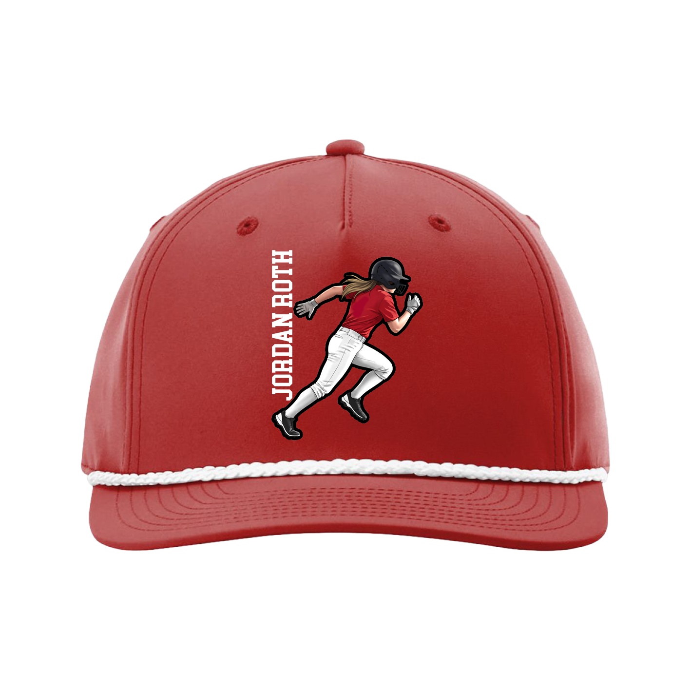 Five-Panel Classic Rope Cap — Name Vertical in Red