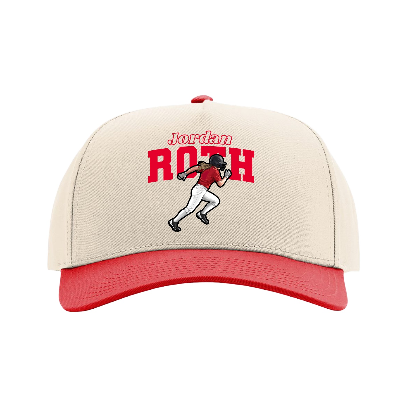 Full Fabric Five-Panel Champ Cap — Name Arch in Cream/Red
