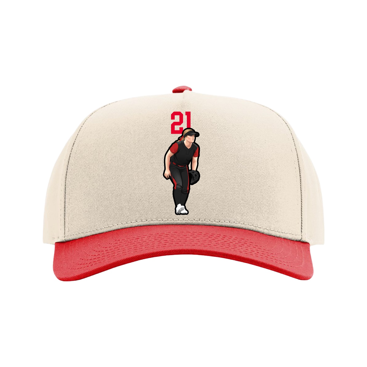 Full Fabric Five-Panel Champ Cap — Number Top in Cream/Red