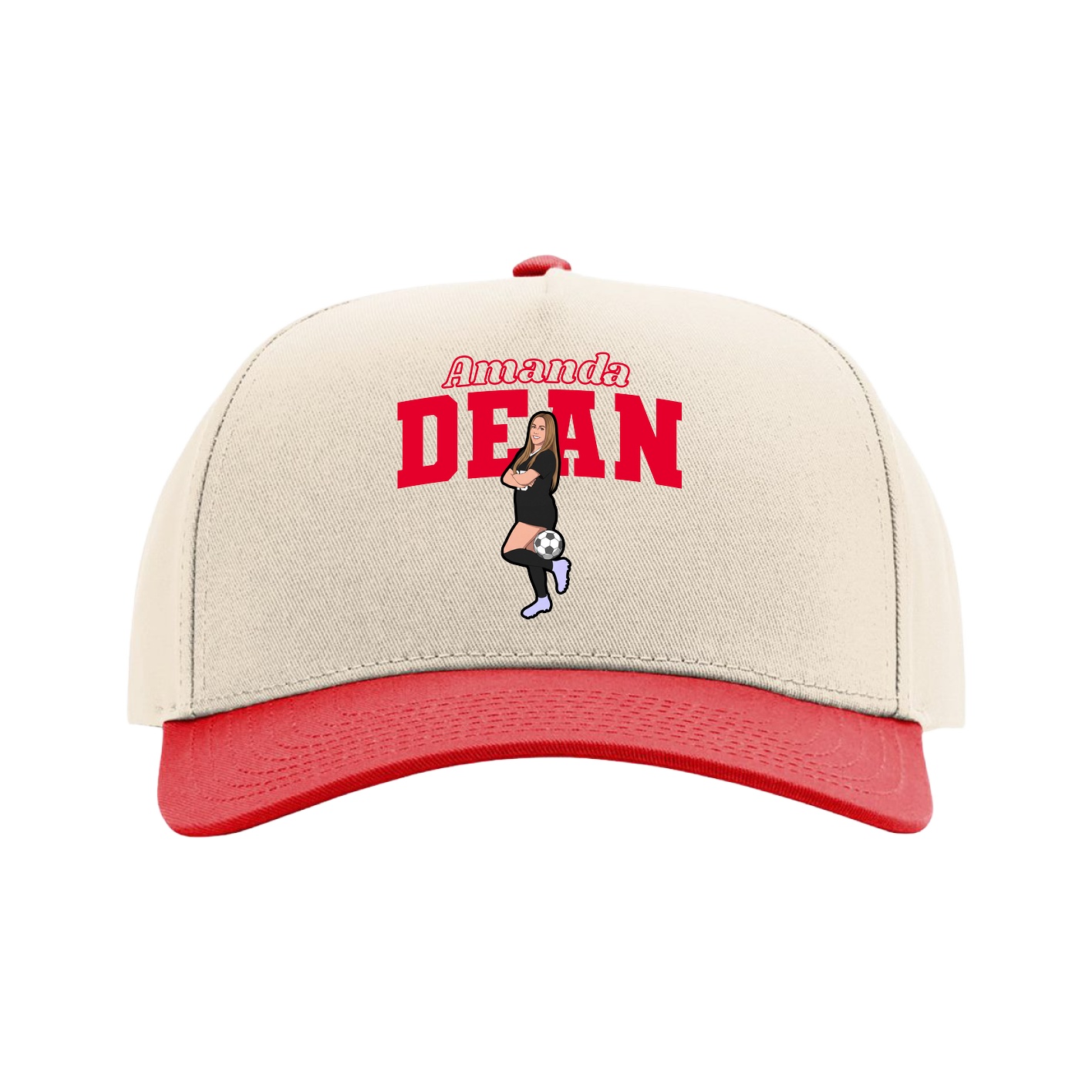 Full Fabric Five-Panel Champ Cap — Name Arch in Cream/Red