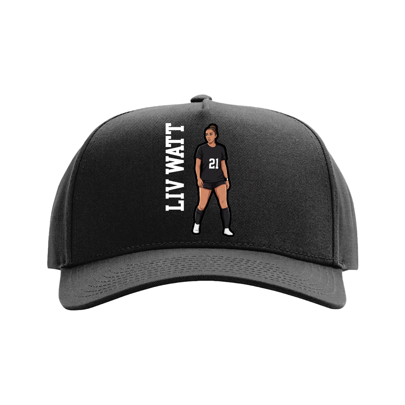 Full Fabric Five-Panel Champ Cap — Name Vertical in Black