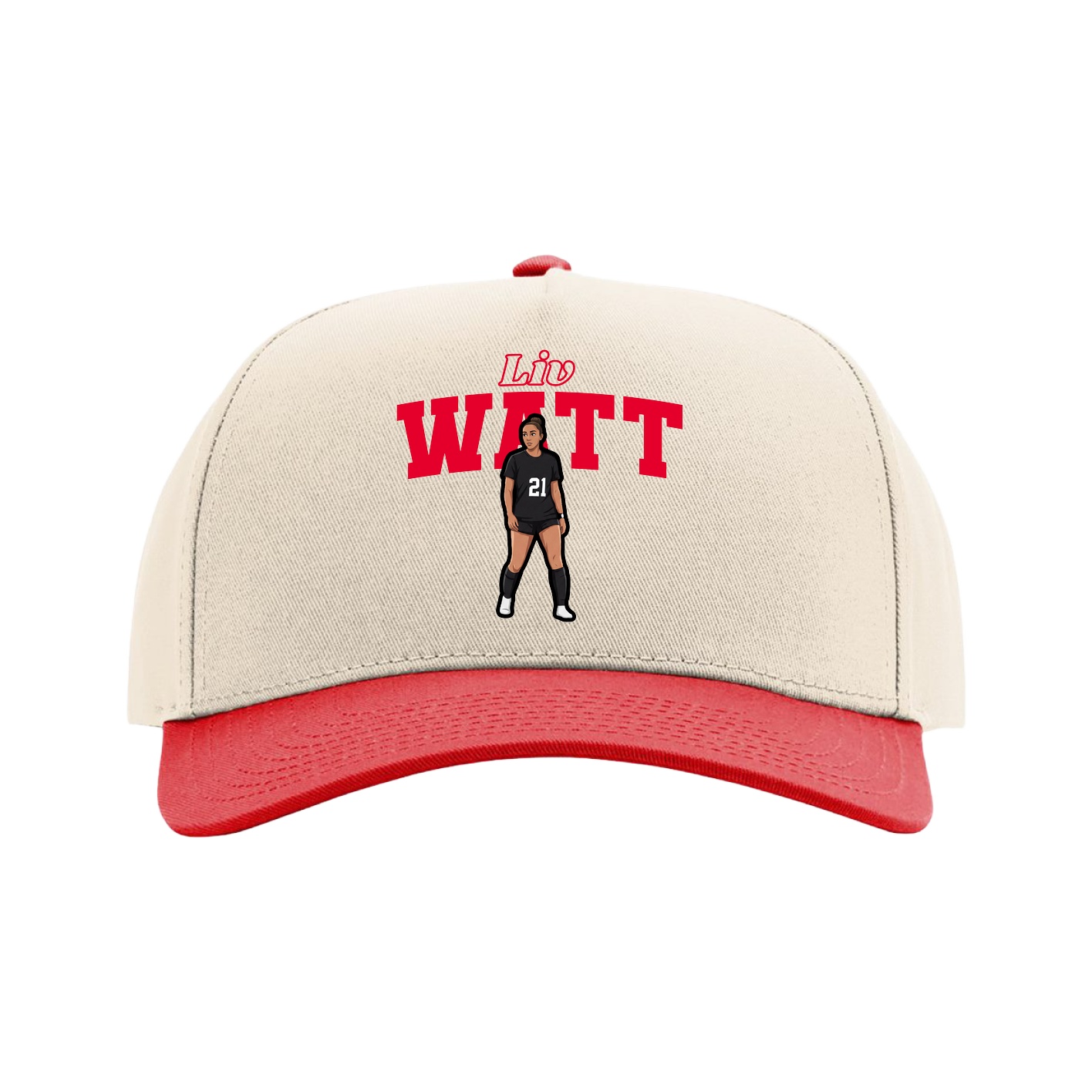 Full Fabric Five-Panel Champ Cap — Name Arch in Cream/Red