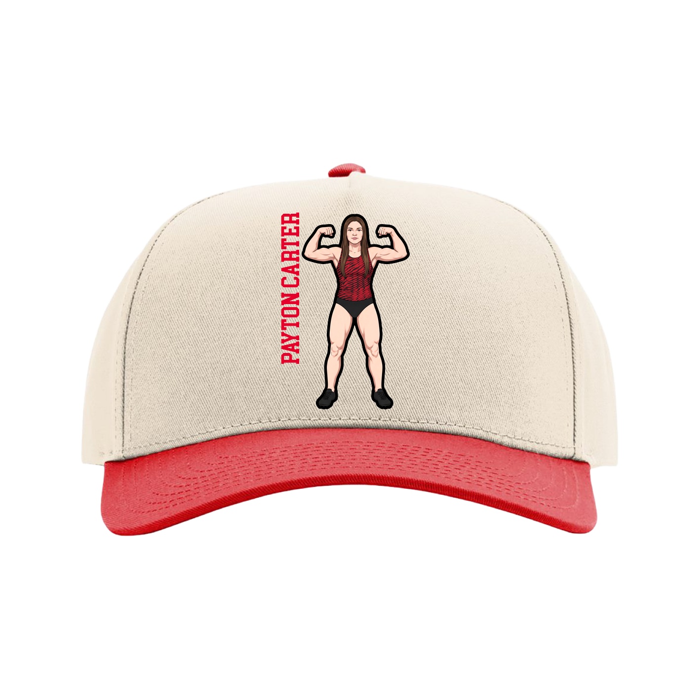 Full Fabric Five-Panel Champ Cap — Name Vertical in Cream/Red