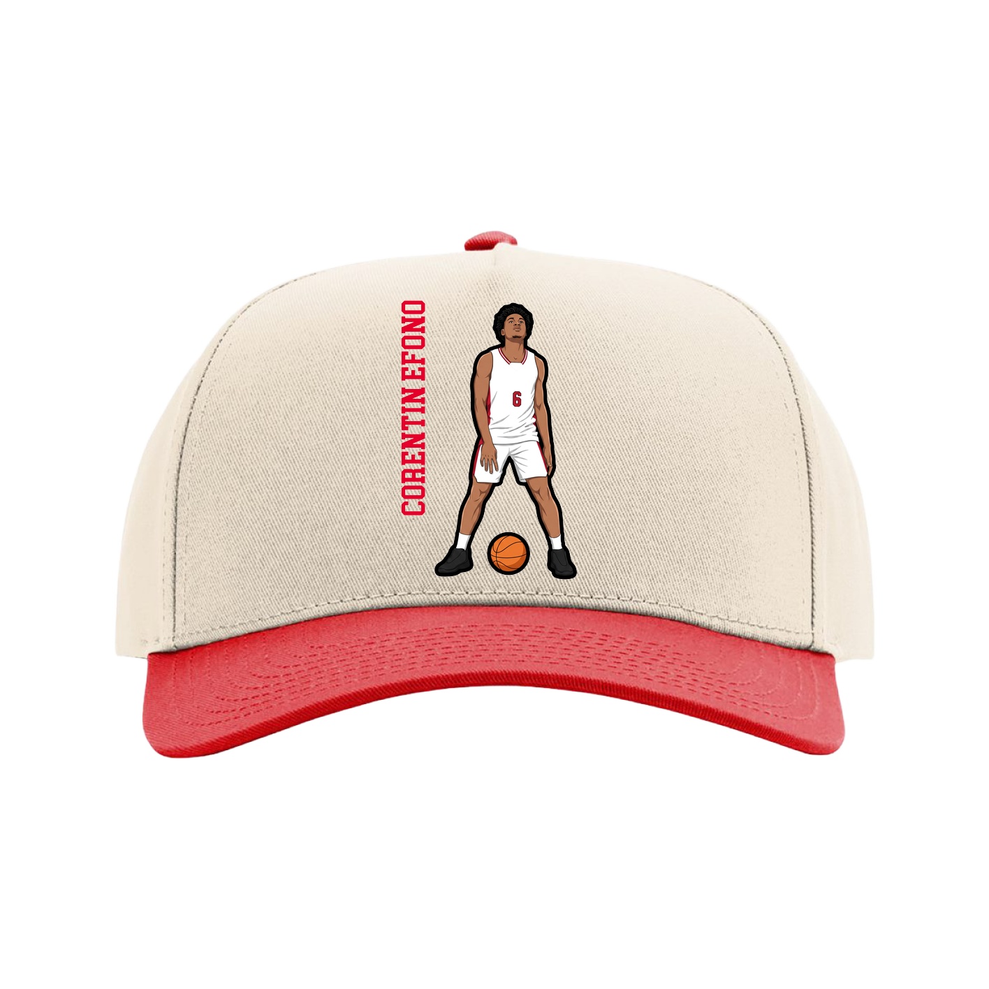 Full Fabric Five-Panel Champ Cap — Name Vertical in Cream/Red