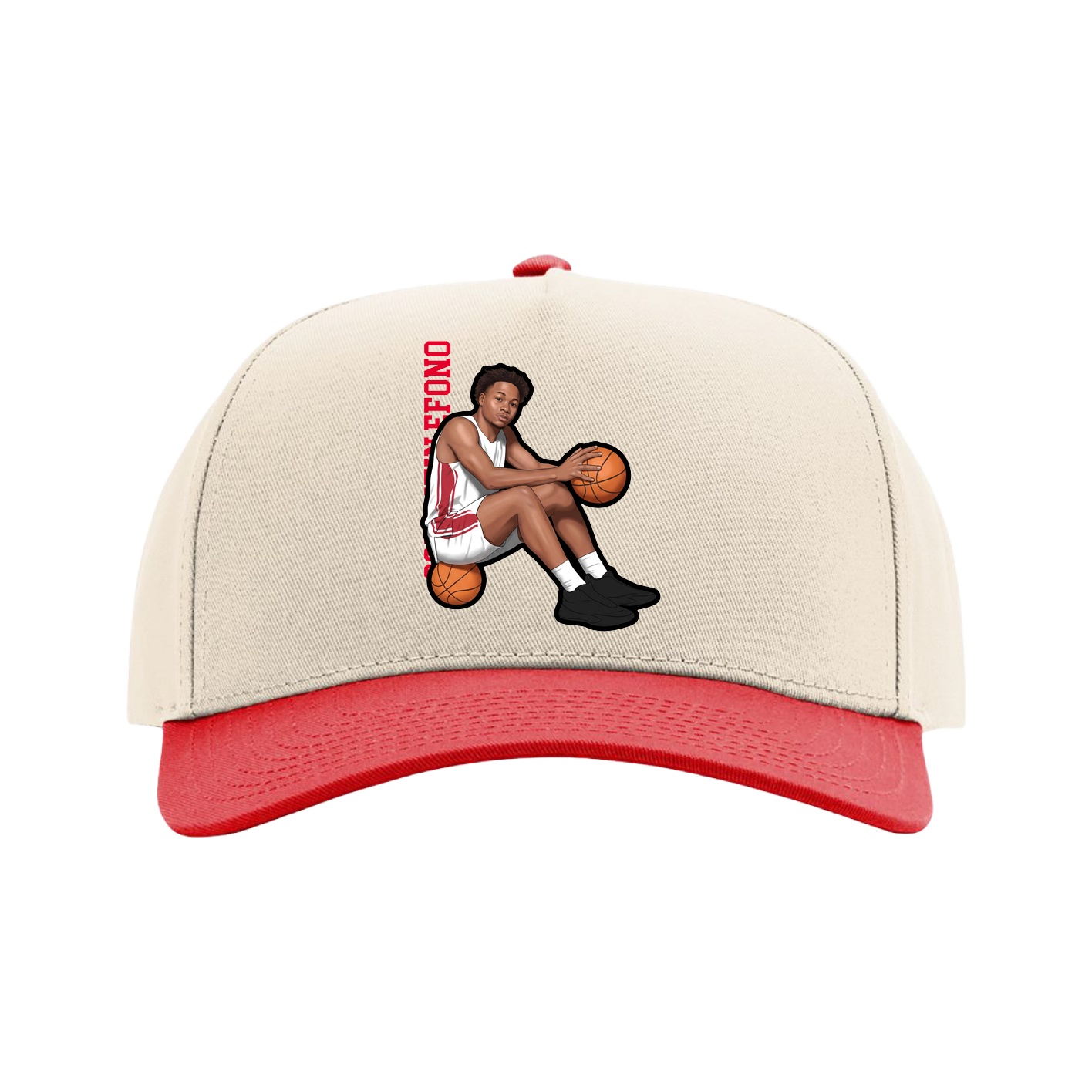 Full Fabric Five-Panel Champ Cap — Name Vertical in Cream/Red
