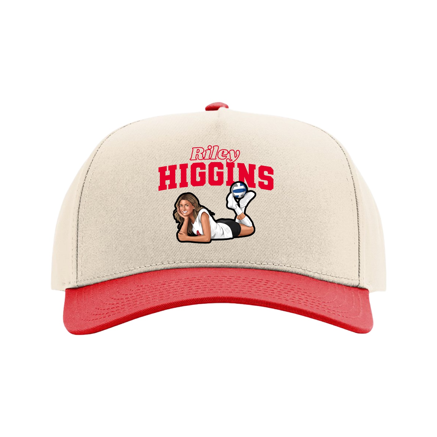 Full Fabric Five-Panel Champ Cap — Name Arch in Cream/Red