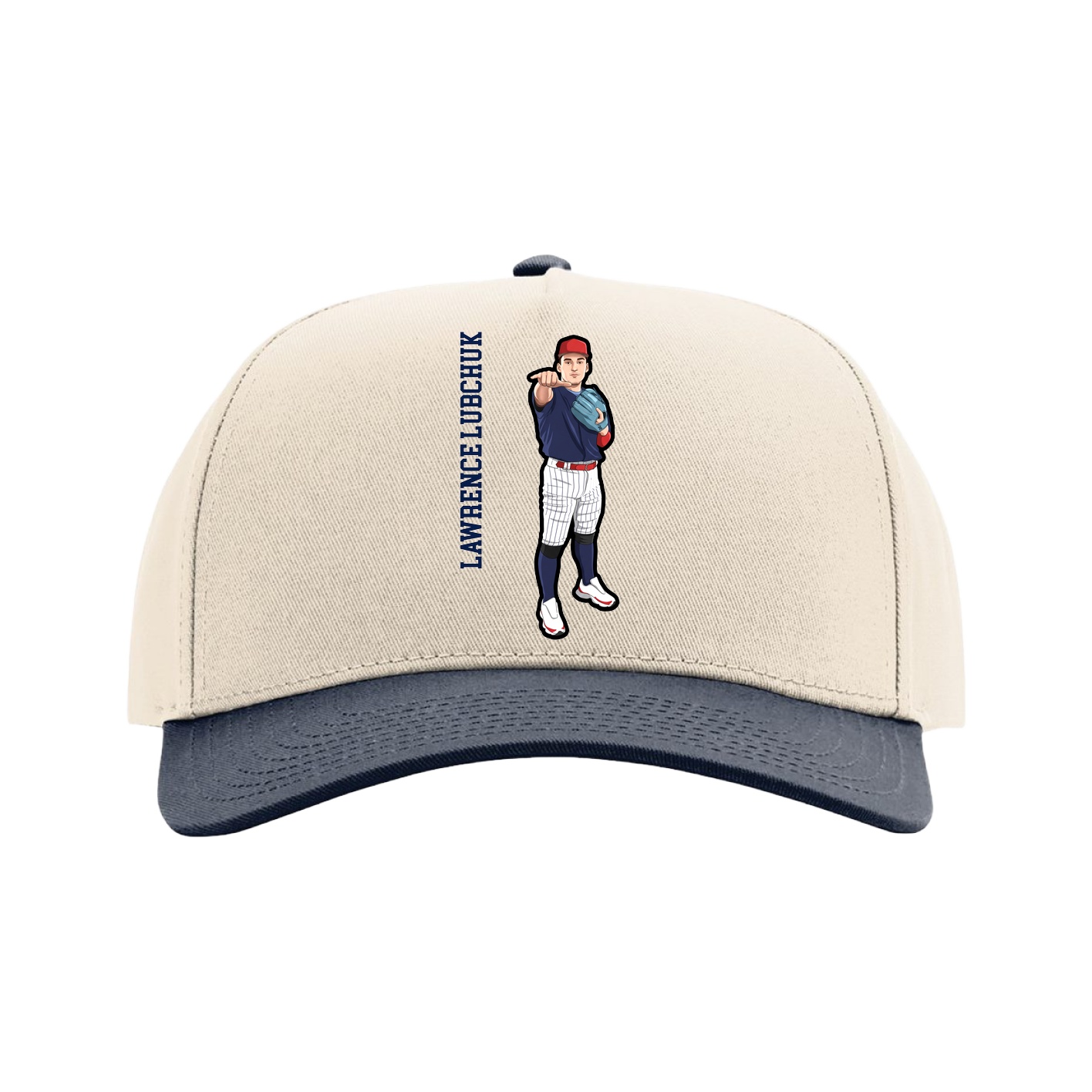 Full Fabric Five-Panel Champ Cap — Name Vertical in Cream/Navy