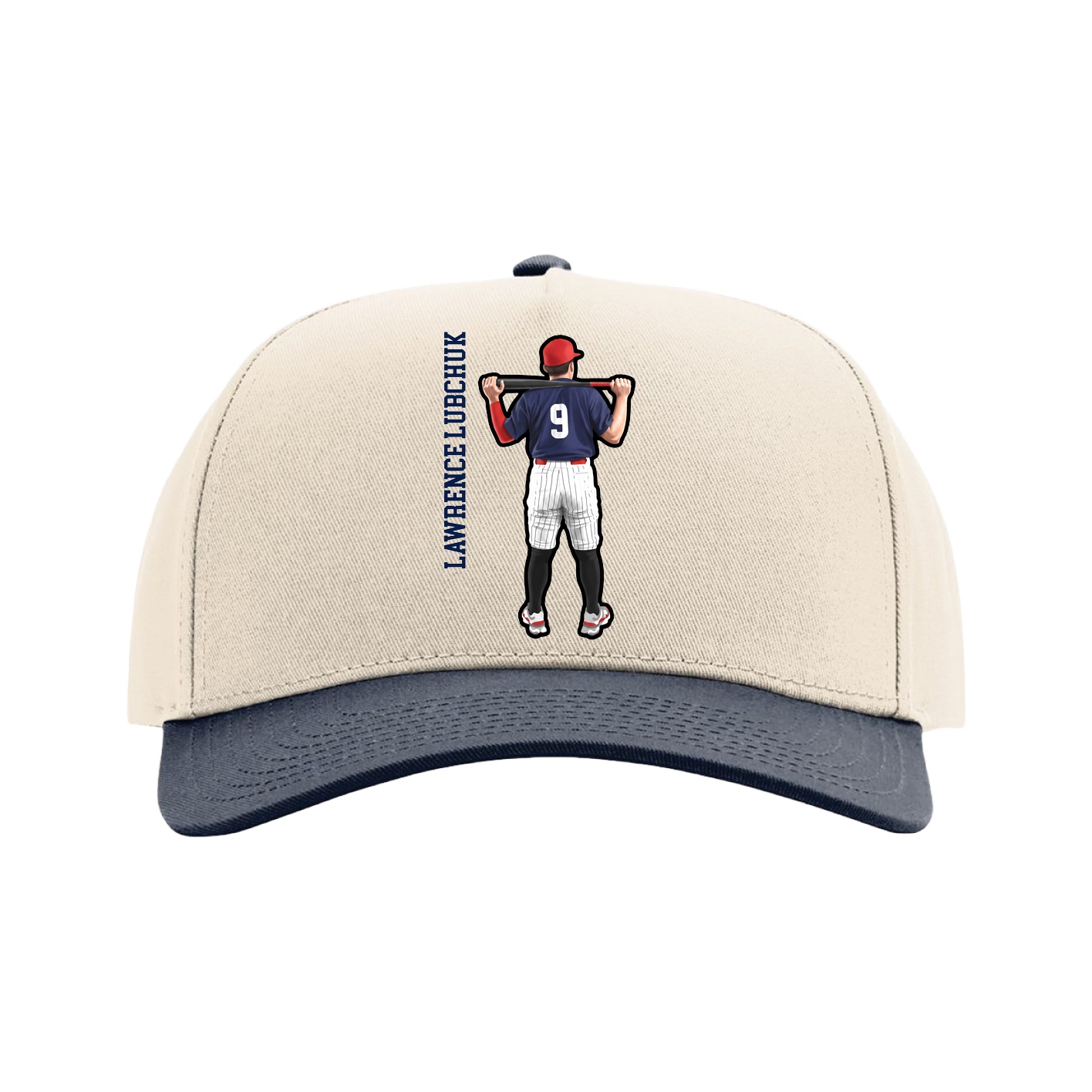 Full Fabric Five-Panel Champ Cap — Name Vertical in Cream/Navy