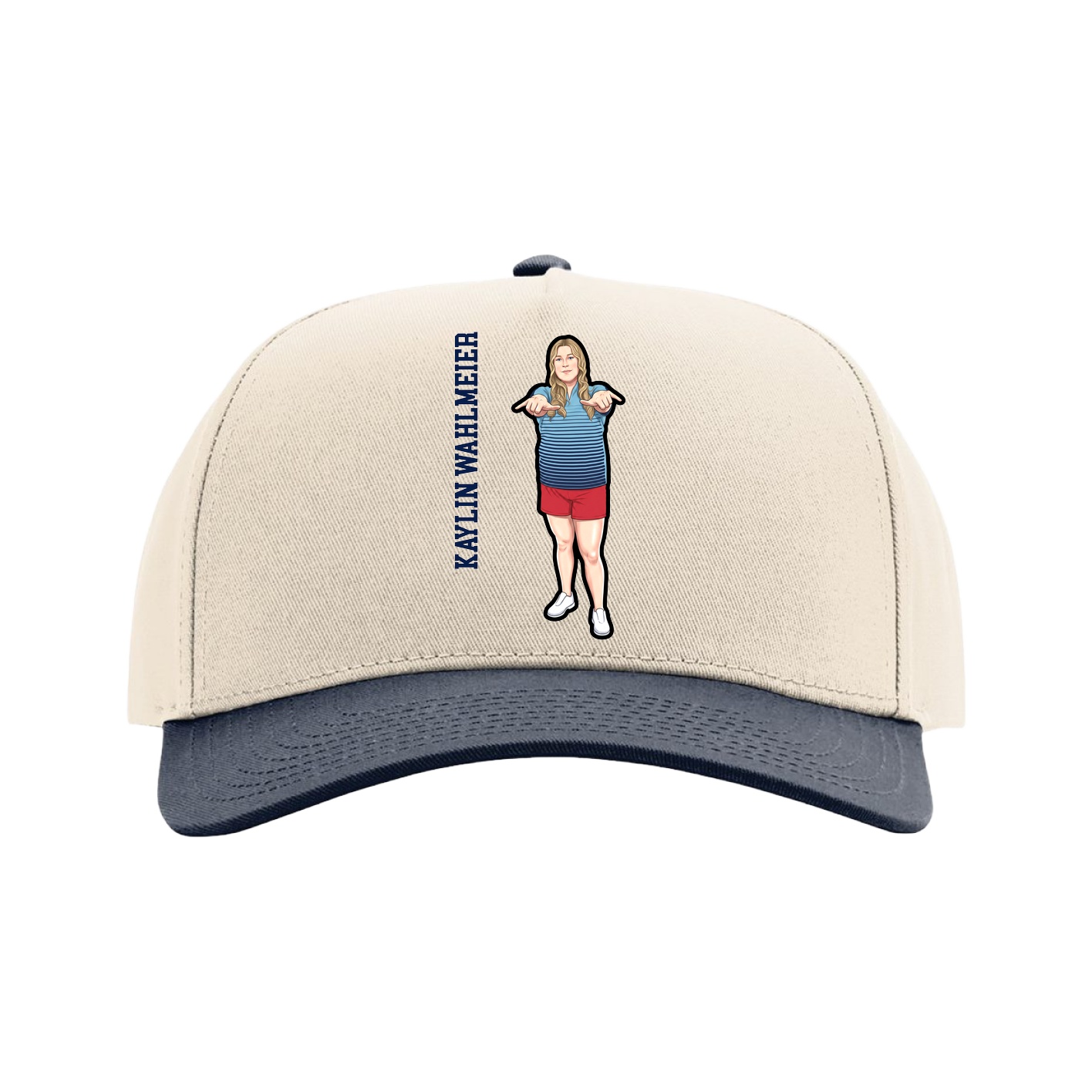 Full Fabric Five-Panel Champ Cap — Name Vertical in Cream/Navy