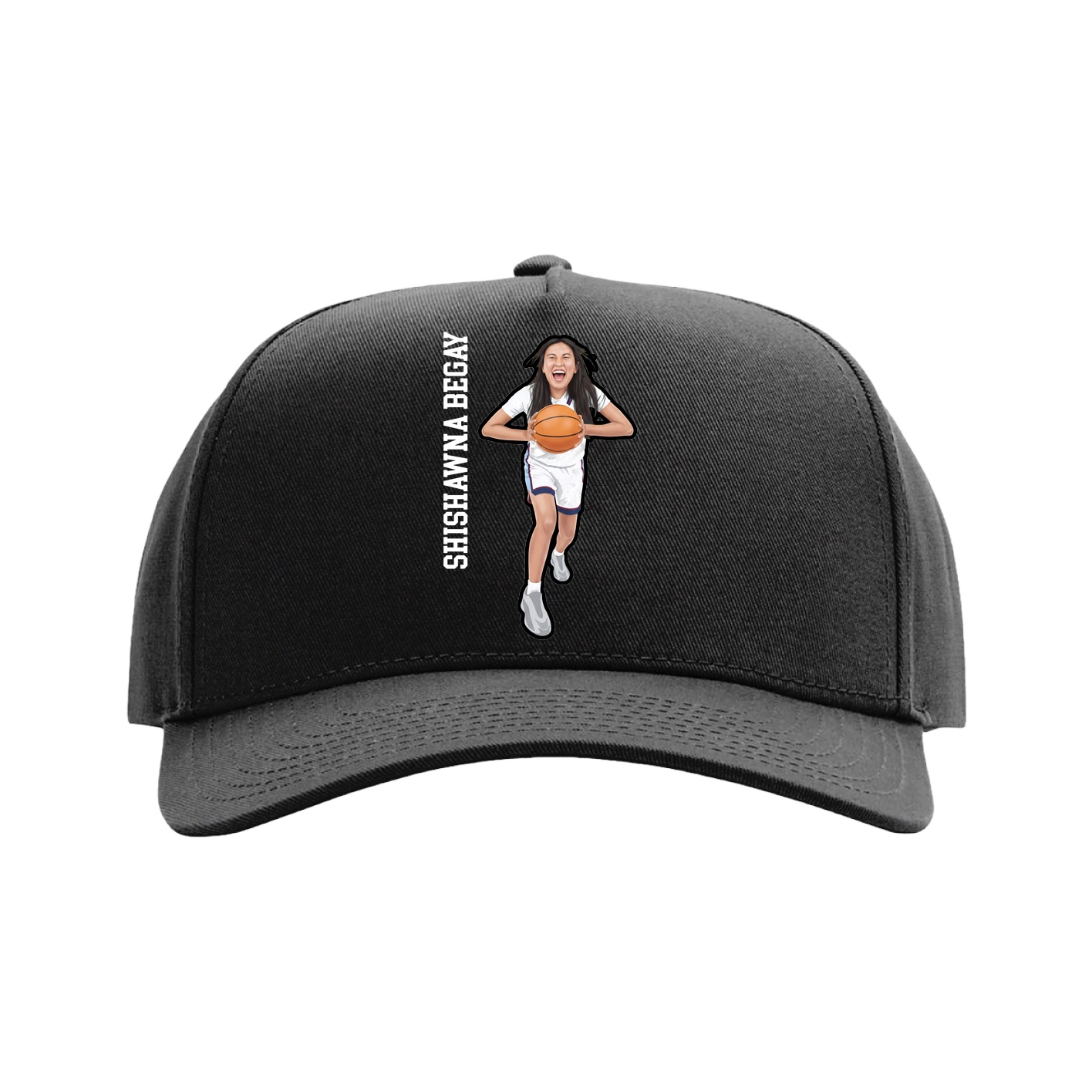 Full Fabric Five-Panel Champ Cap — Name Vertical in Black
