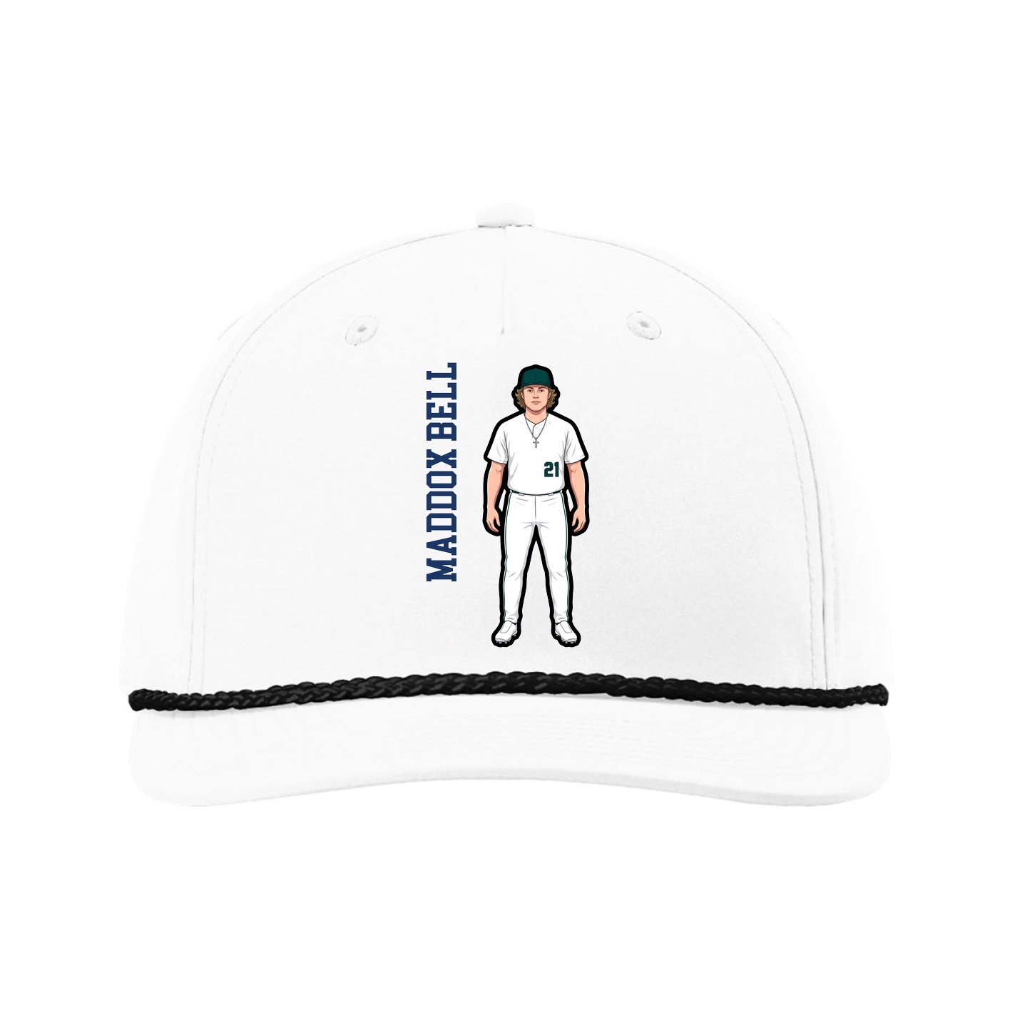 Five-Panel Classic Rope Cap — Name Vertical in White