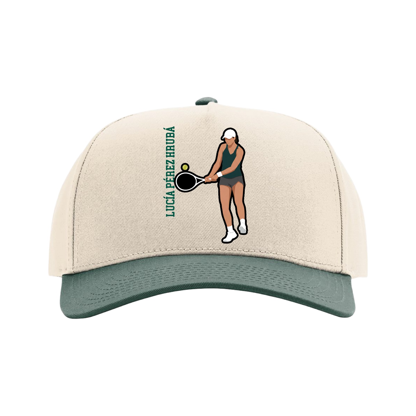 Full Fabric Five-Panel Champ Cap — Name Vertical in Cream/Green