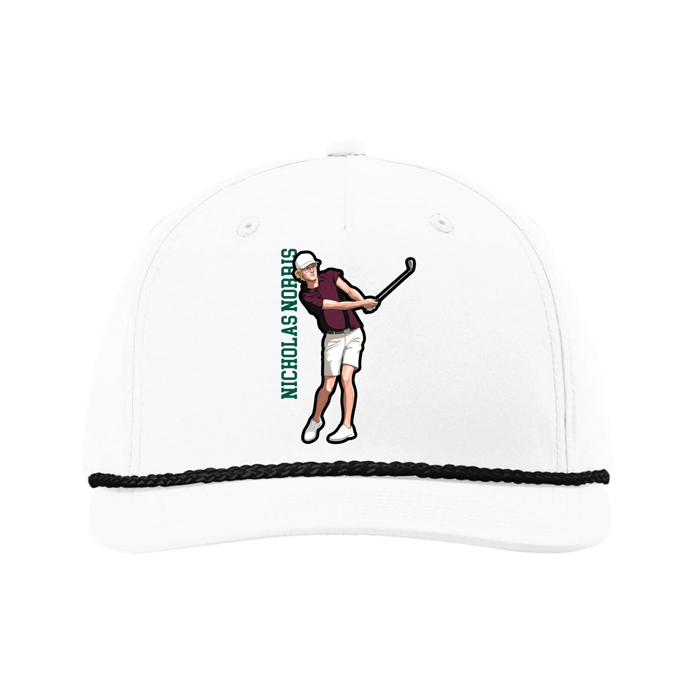 Five-Panel Classic Rope Cap — Name Vertical in White