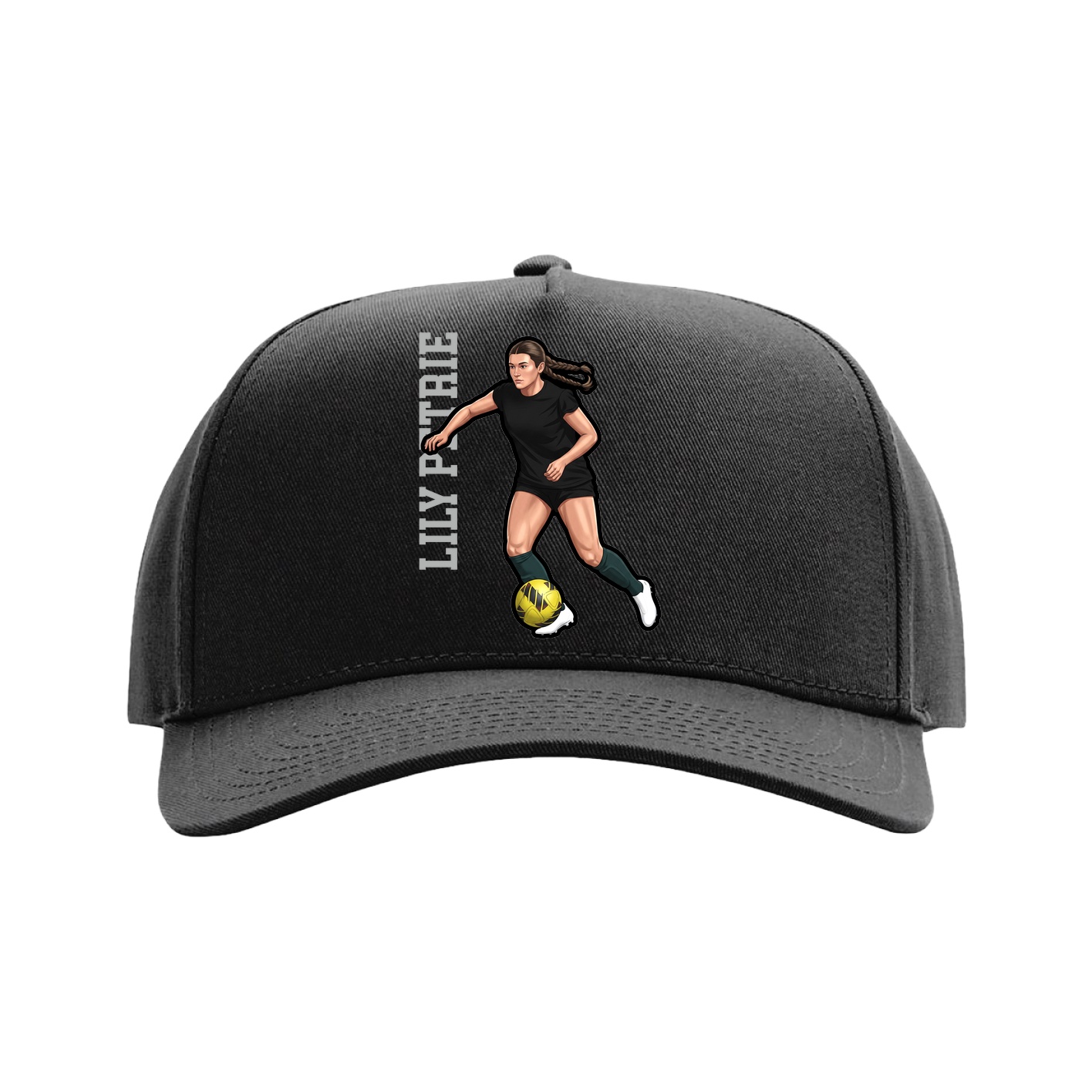 Full Fabric Five-Panel Champ Cap — Name Vertical in Black
