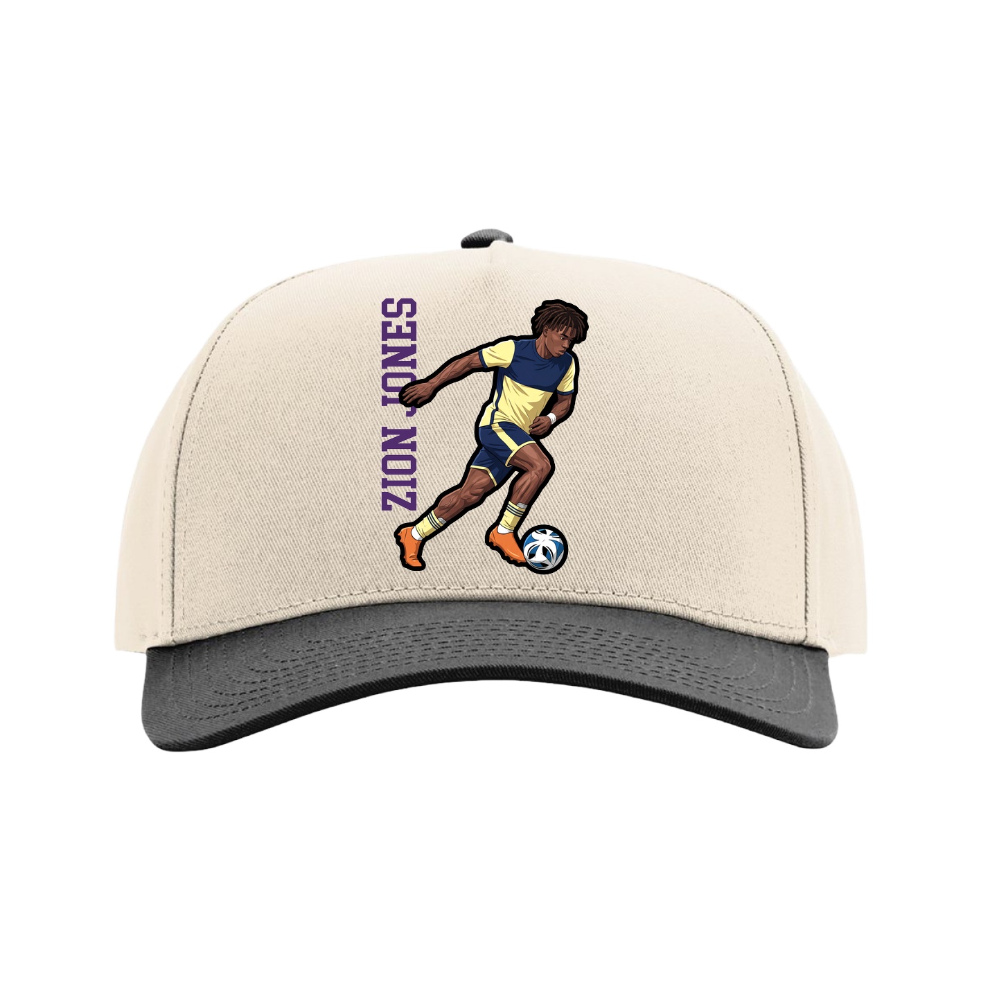 Full Fabric Five-Panel Champ Cap — Name Vertical in Cream/Black