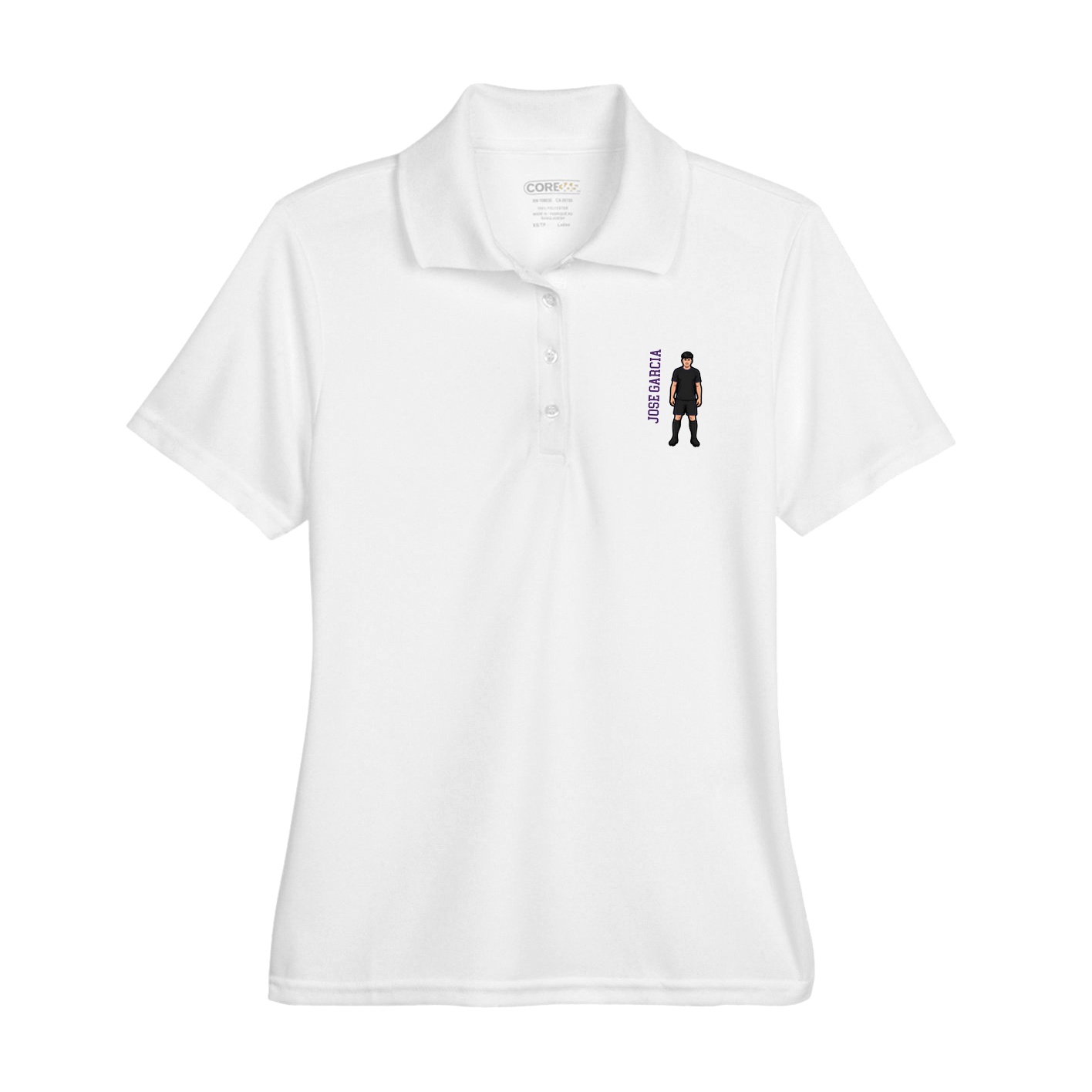 Womens Performance Polo — Name Vertical in White