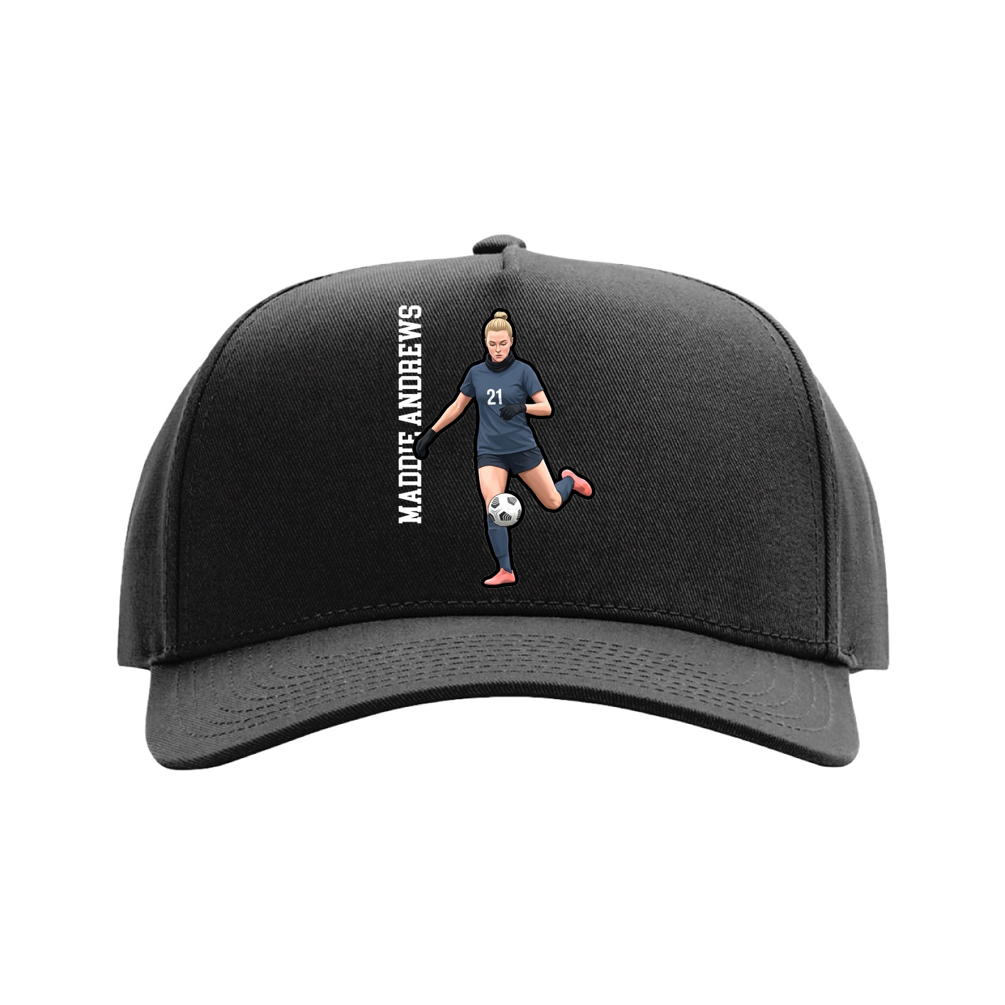 Full Fabric Five-Panel Champ Cap — Name Vertical in Black