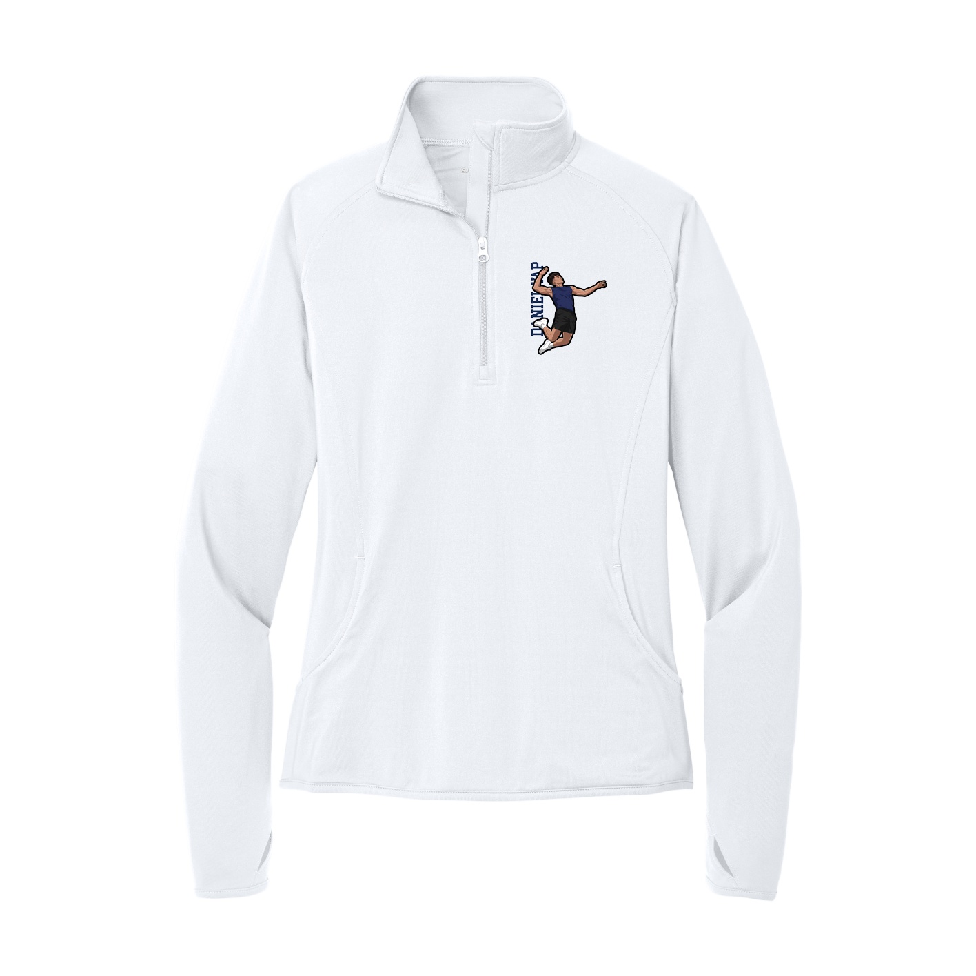 Women's Q-Zip Pullover — Name Vertical in White
