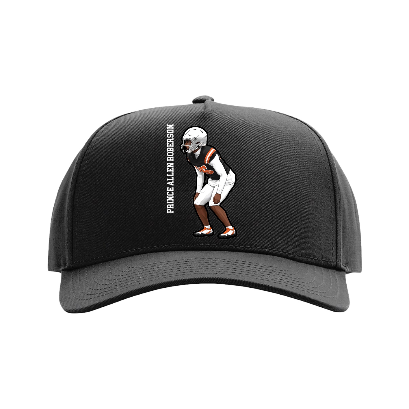 Full Fabric Five-Panel Champ Cap — Name Vertical in Black