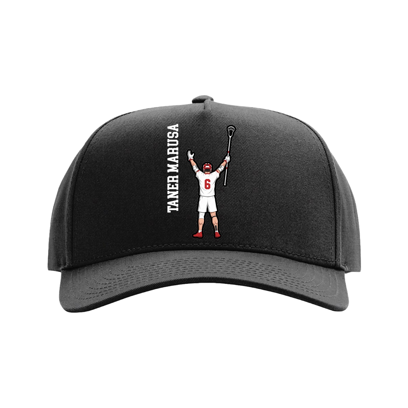 Full Fabric Five-Panel Champ Cap — Name Vertical in Black