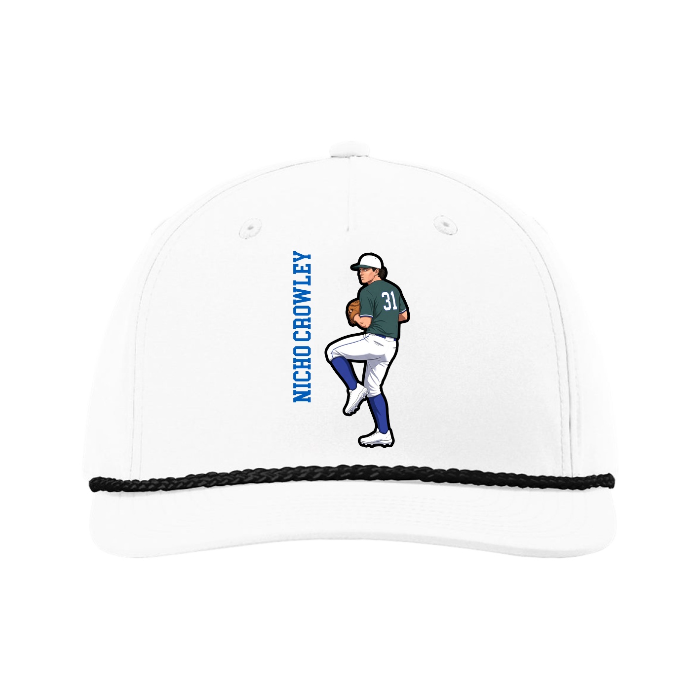Five-Panel Classic Rope Cap — Name Vertical in White