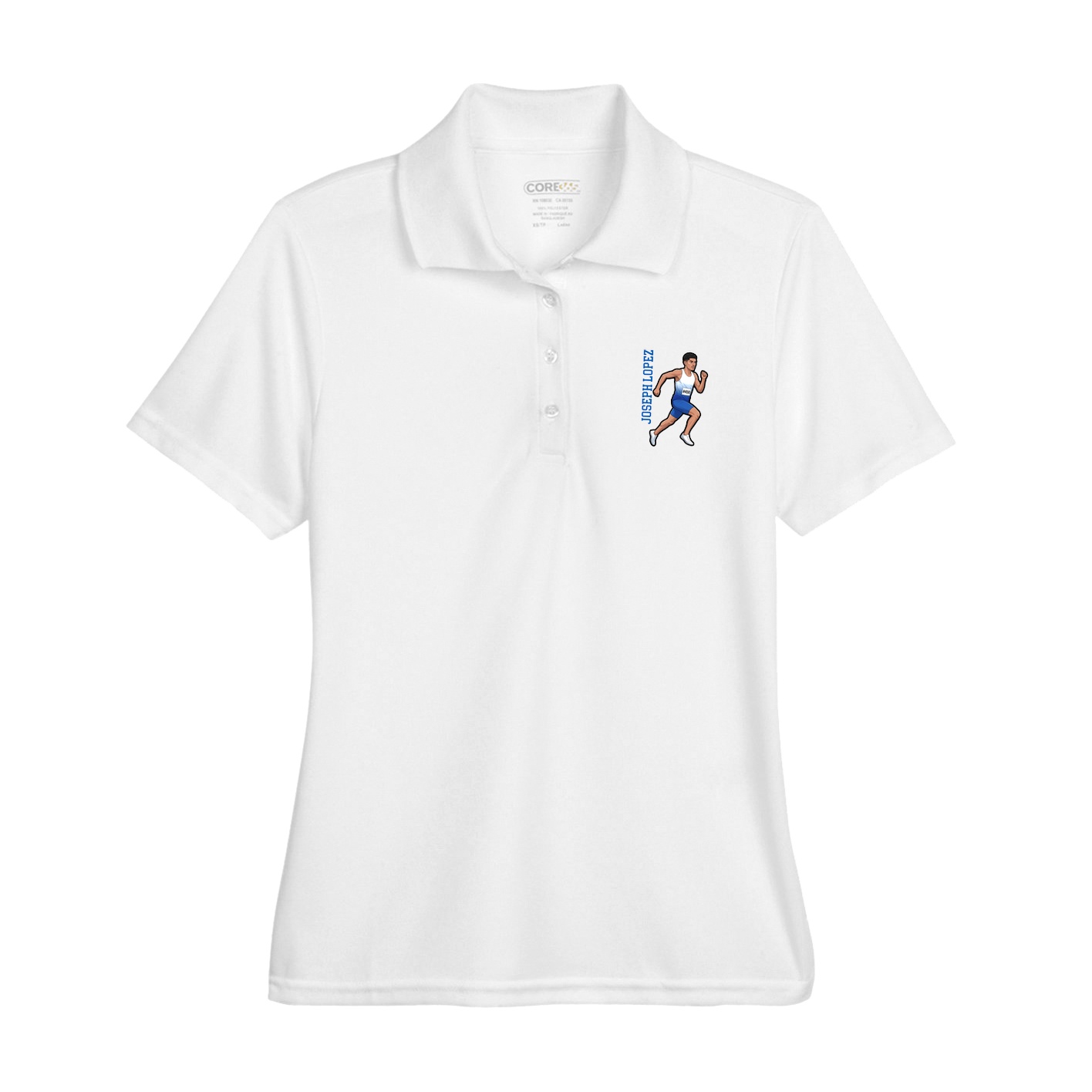 Womens Performance Polo — Name Vertical in White