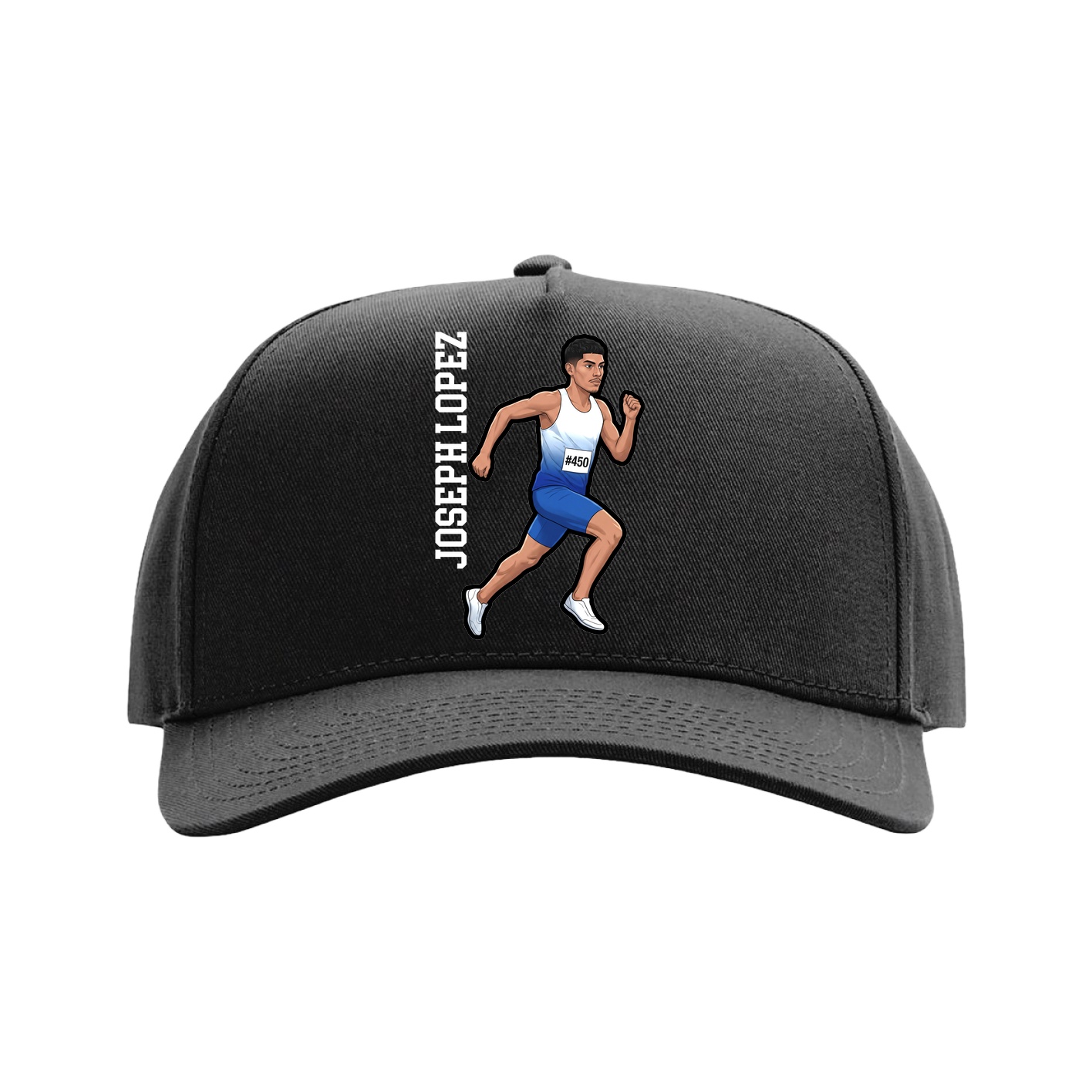 Full Fabric Five-Panel Champ Cap — Name Vertical in Black